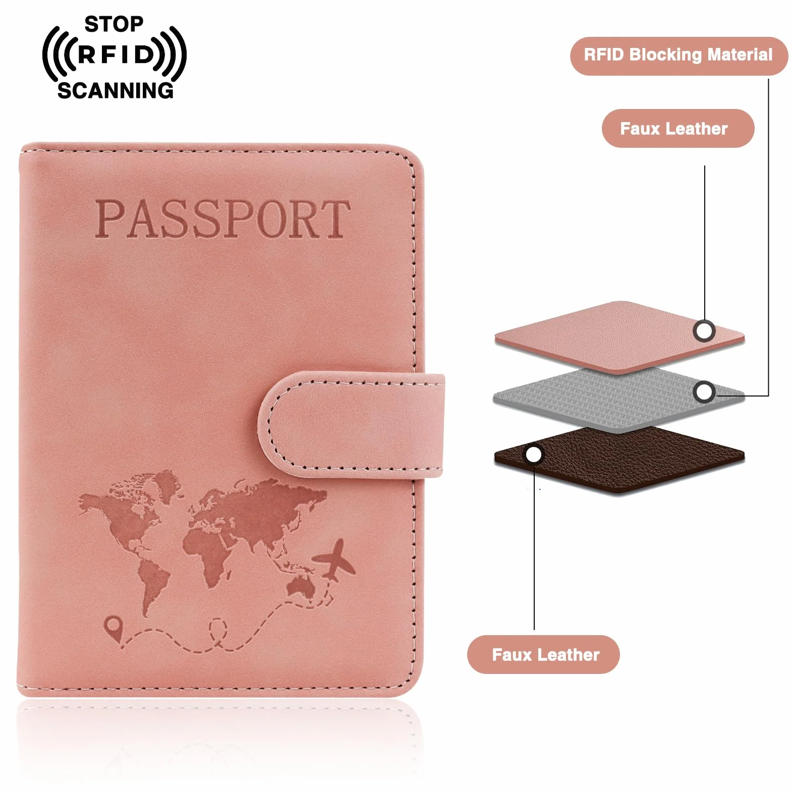 FuninCrea zestaw etui na paszport i zawieszka do walizki, etui na dokumenty ze sztucznej skóry z blokadą RFID, etui z wieloma przegródkami na paszport, wizytówki, karty kredytowe, Rosa, 11,5 x 15 cm