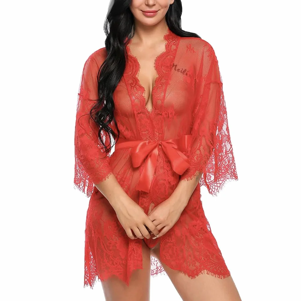 Seksowna Bielizna Nocna z Koronki Jednoczęściowa Seksowna Głęboka Szczelina Koszula Nocna z Paskiem G-String Przezroczysta Erotyczna Curvy Bielizna Nocna Sukienka Kimono na Walentynki Dla