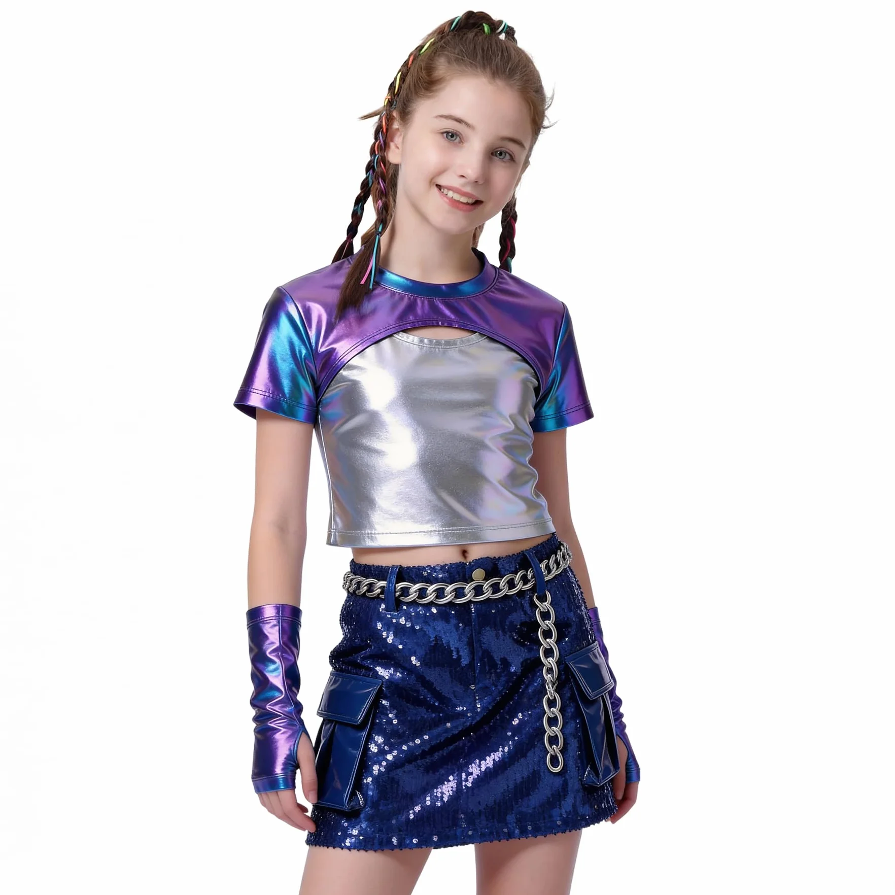 LOLANTA Metalowe topy dziewczęce gorsety taniec błyszczący taniec taniec nowoczesny jazz hip-hop świecące topy na studniówkę z metalowymi rękawami