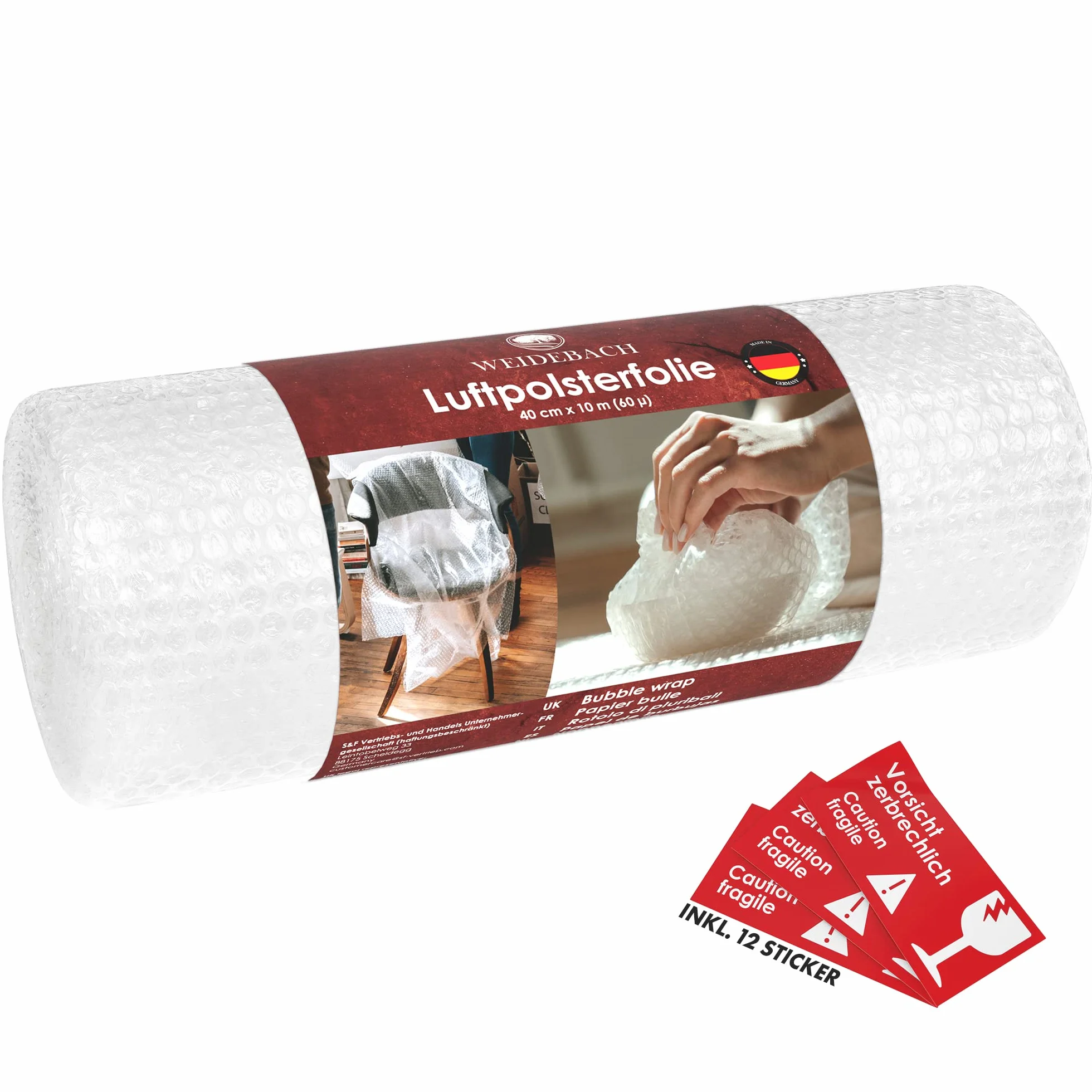 Weidebach Wysokiej jakości folia bąbelkowa 10 m x 40 cm, folia do pakowania (prawdziwa grubość 60 µ / 2-warstwowa), poduszka powietrzna chroni delikatne przedmioty, Bubble Wrap odporna na rozerwanie