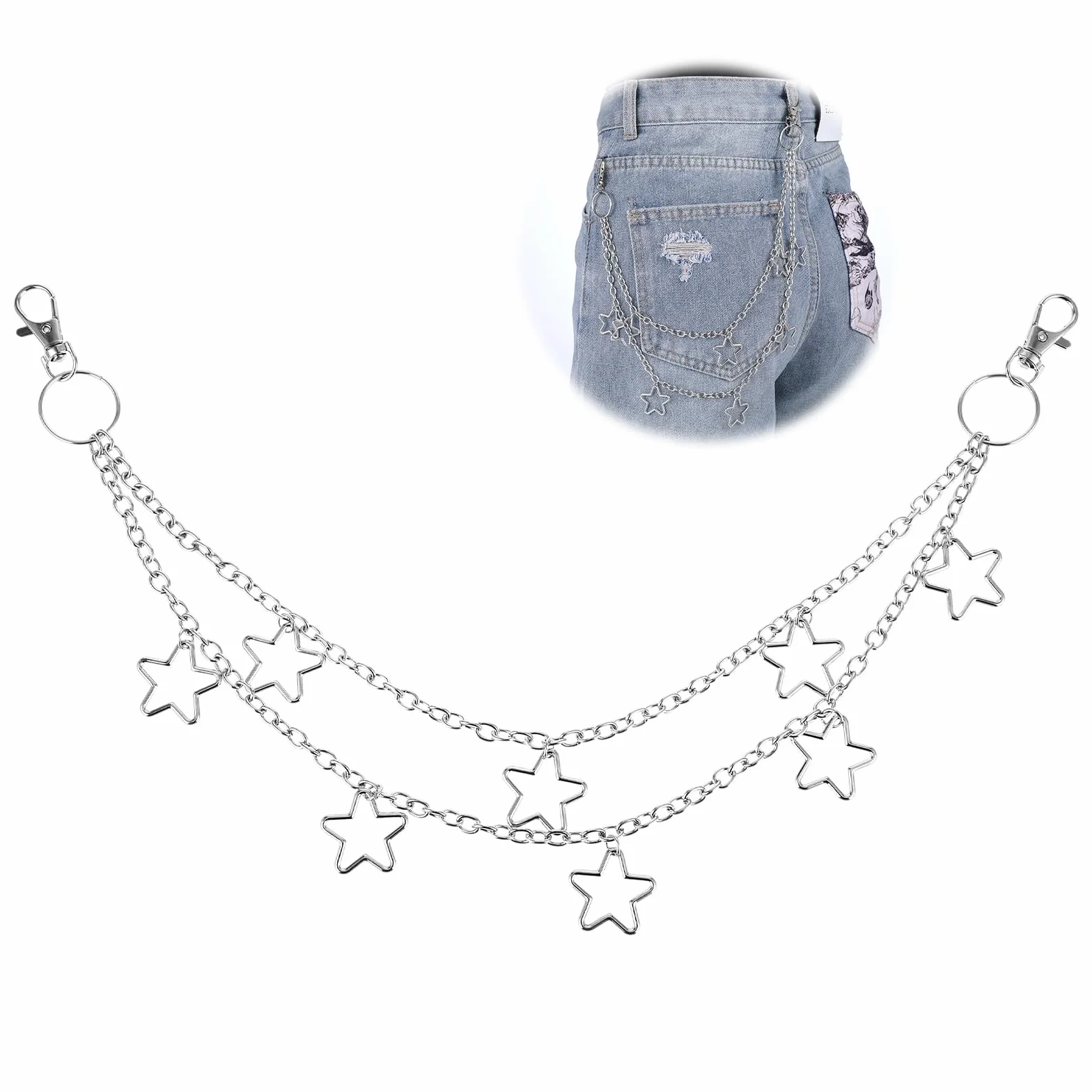 Psyqtsuary Hip Hop łańcuszek do spodni Jean Chain z gwiazdą, dwuwarstwowy łańcuszek dżinsowy, gotycki, punk, akcesorium, odzieżowe akcesoria dla mężczyzn i kobiet, portfel, klucze, plecak