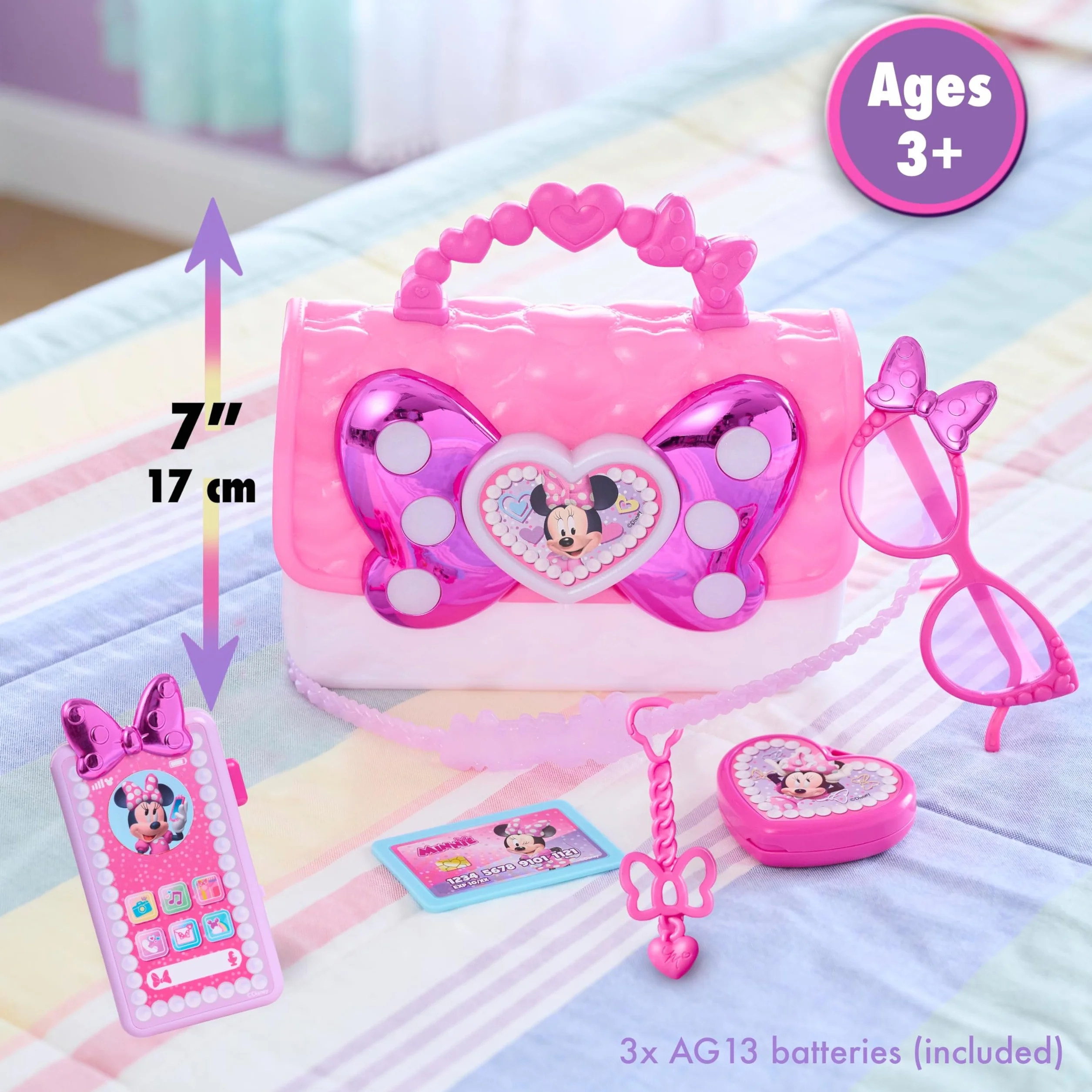 Disney Junior Minnie Mouse Bowfabulous Bag Set, 7-piece Dress Up and Pretend Play Toy Purse