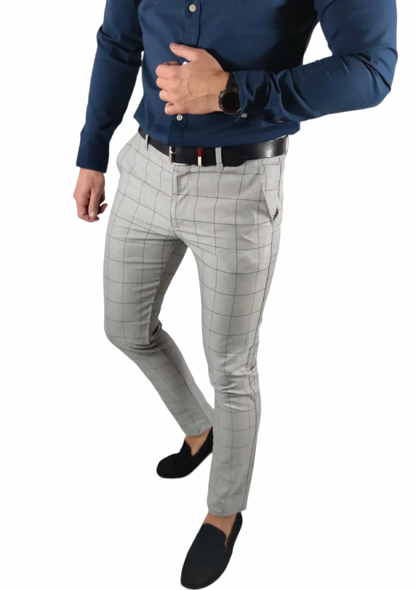 Eleganckie Spodnie Wizytowe Męskie | Dopasowany Krój | Szare w Kratę | Styl Biznesowy i Casualowy | Wysoka Jakość Materiału DJ02