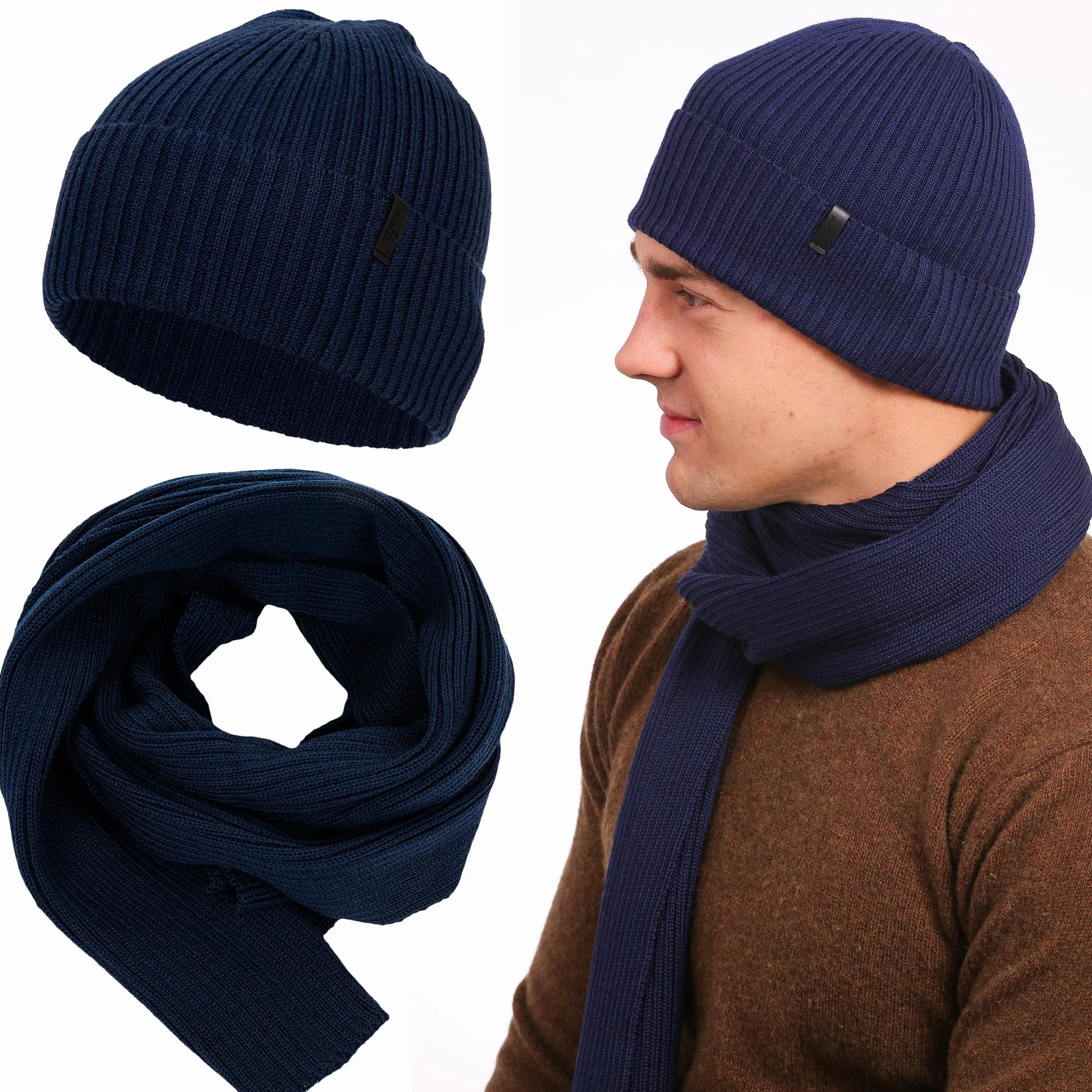 Molti Zestaw czapek i szalików dla mężczyzn, 100% wełna merynosów, czapka beanie, czapka męska, jesień/zima, ocieplacz, czapka męska 2 w 1, wybór kolorów