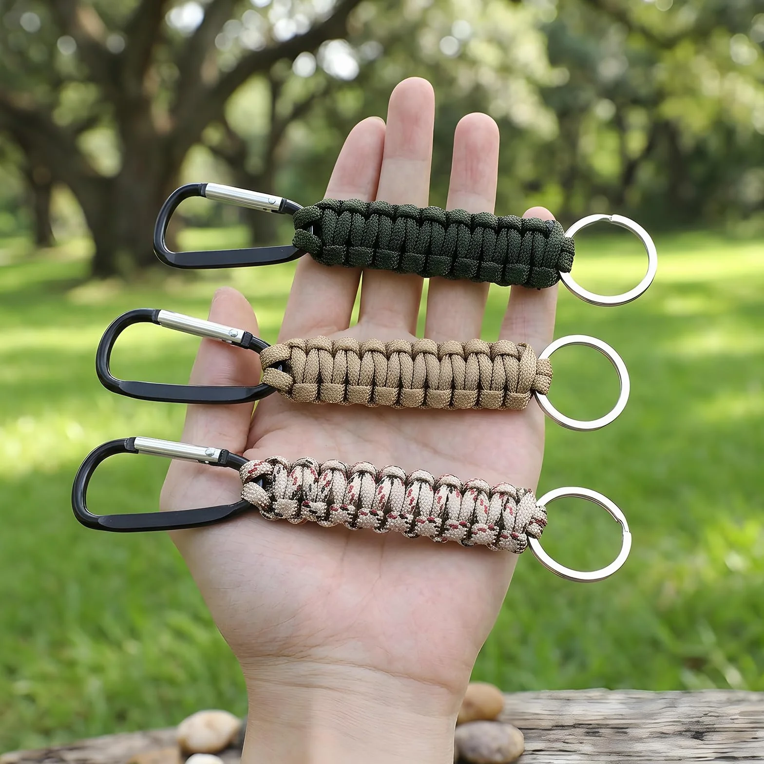 5 sztuk breloczków do kluczy Paracord, pleciony, z karabińczykiem, na kemping, wędrówki, podróże z plecakiem