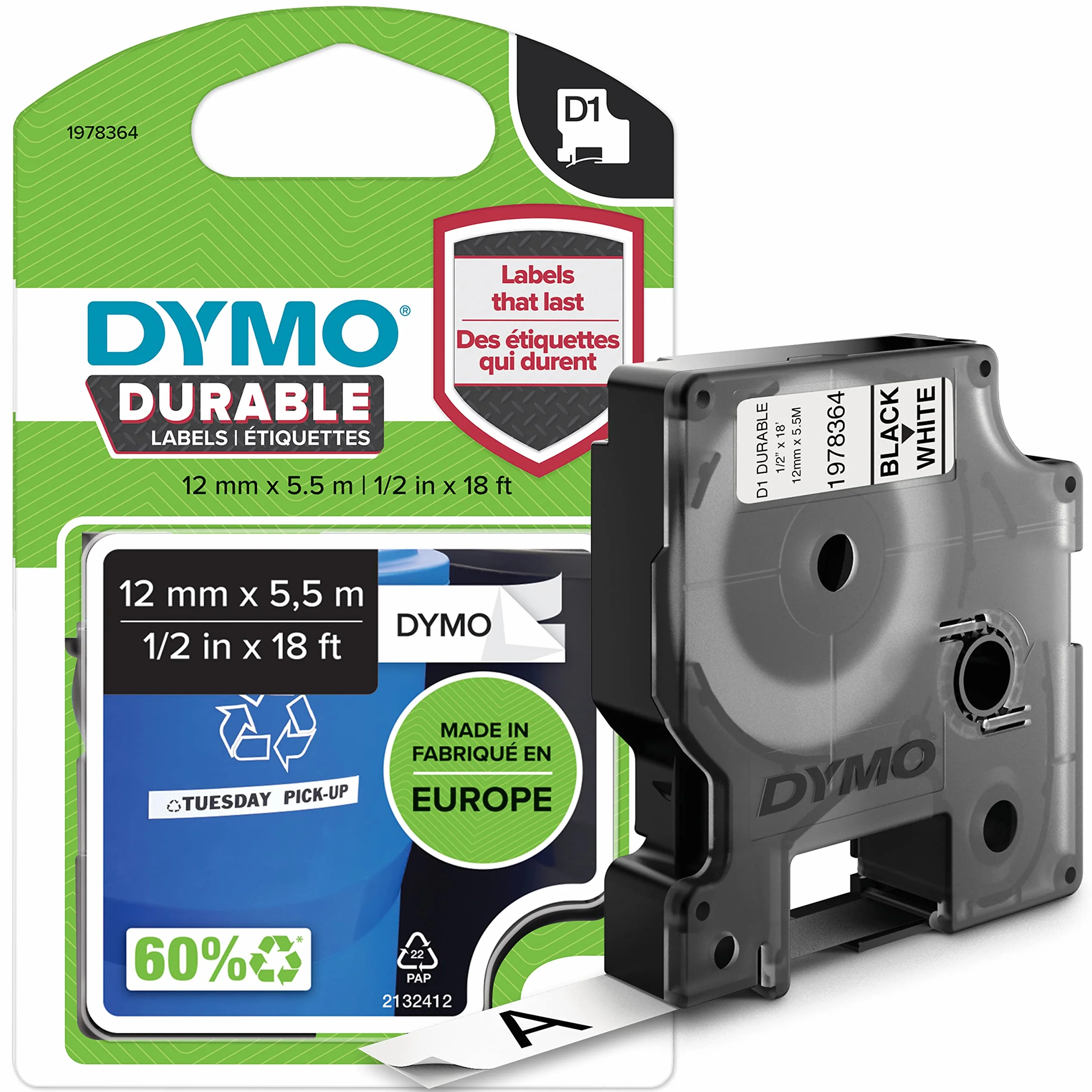 Oryginalne wzmocnione etykiety DYMO D1 Durable | Czarny nadruk na białej taśmie | 12 mm x 5,5 m | Taśma z wytrzymałymi etykietami do drukarek etykiet LabelManager