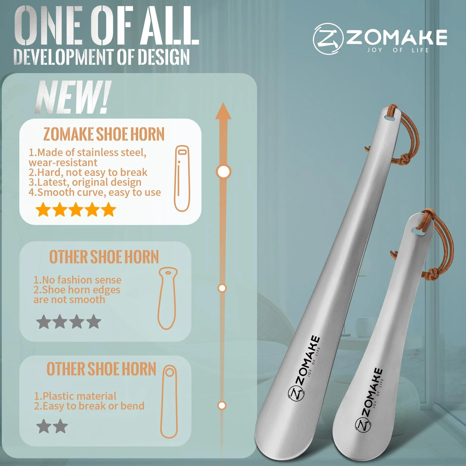 ZOMAKE Łyżka Do Butów Metalowy 2Szt,Długa Łyżka Do Butów Ze Stali Nierdzewnej 30 cm Z Liną - 18.5 cm Stabilna Łyżka Do Butów Mała Z Liną Dla Seniorów Mężczyzn Kobiet