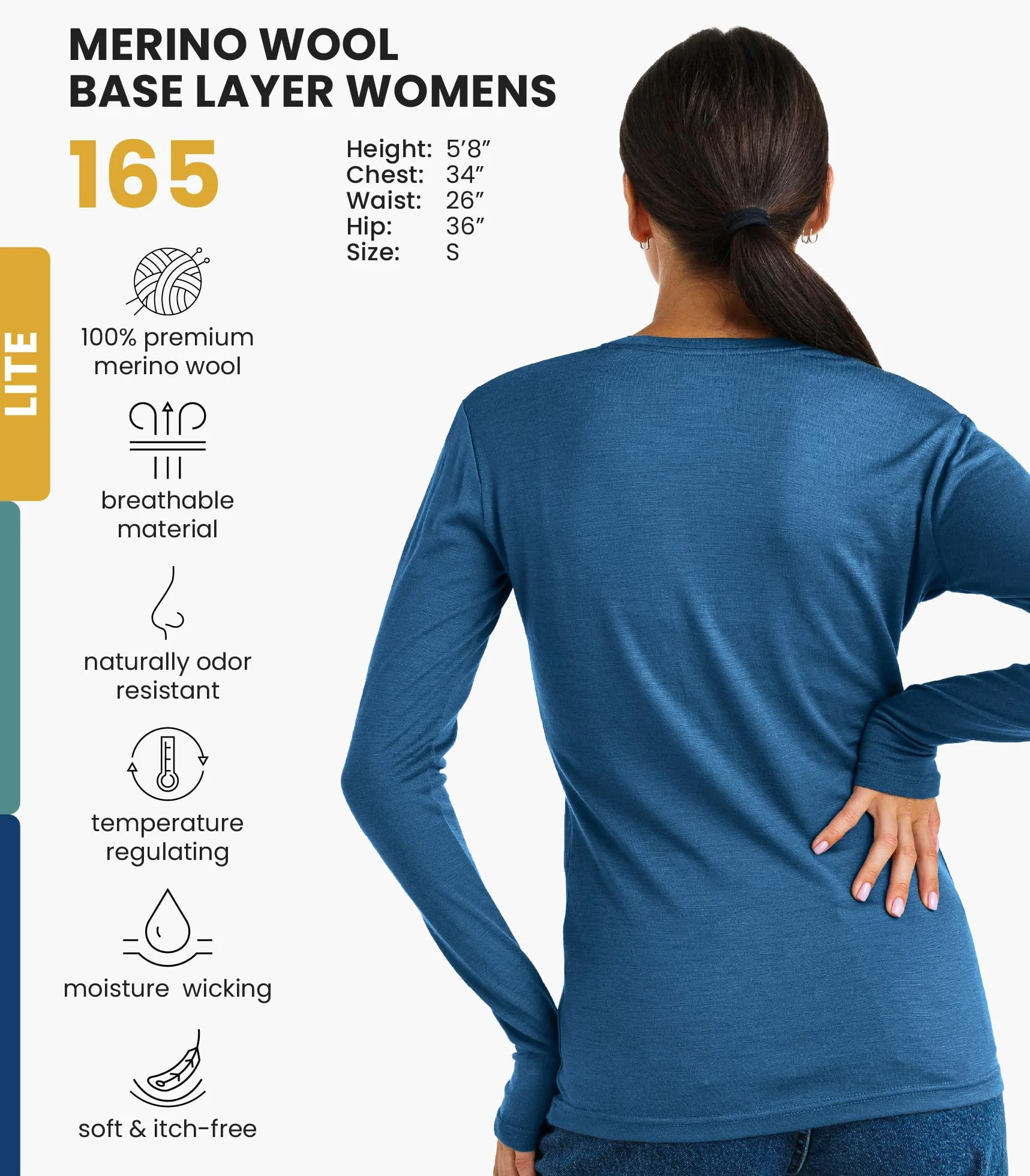 Merino.tech Damska warstwa bazowa z wełny merynosów – 100% wełna merynosowa ciężka, średniej wagi, lita koszula termiczna z długim rękawem i skarpety