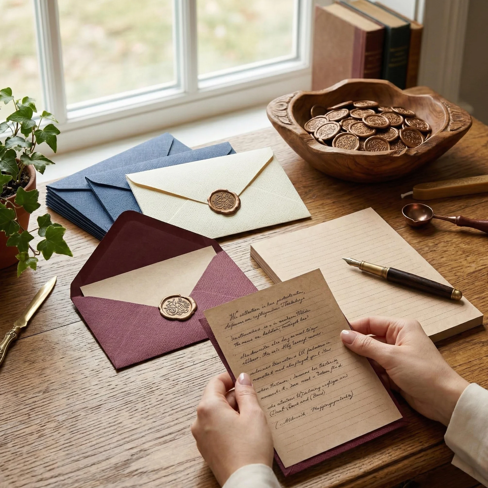 Vintage Papeteria 50 sztuk - Koperty lniane 15 sztuk, papier listowy A5, 20 sztuk, naklejki 15 sztuk - zestaw na kartki z życzeniami i zaproszeniami retro