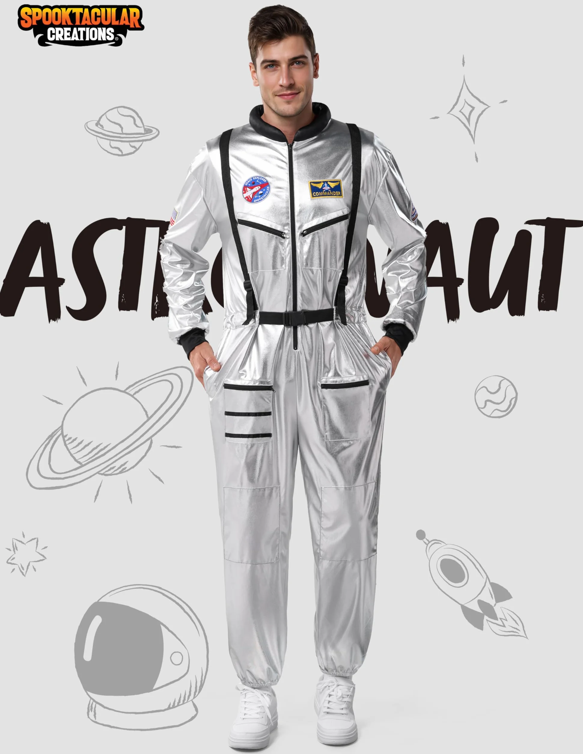 Spooktacular Creations Kostium astronauty na Halloween, męski, srebrny kombinezon kosmiczny, kombinezon pilota, strój na imprezy cosplay