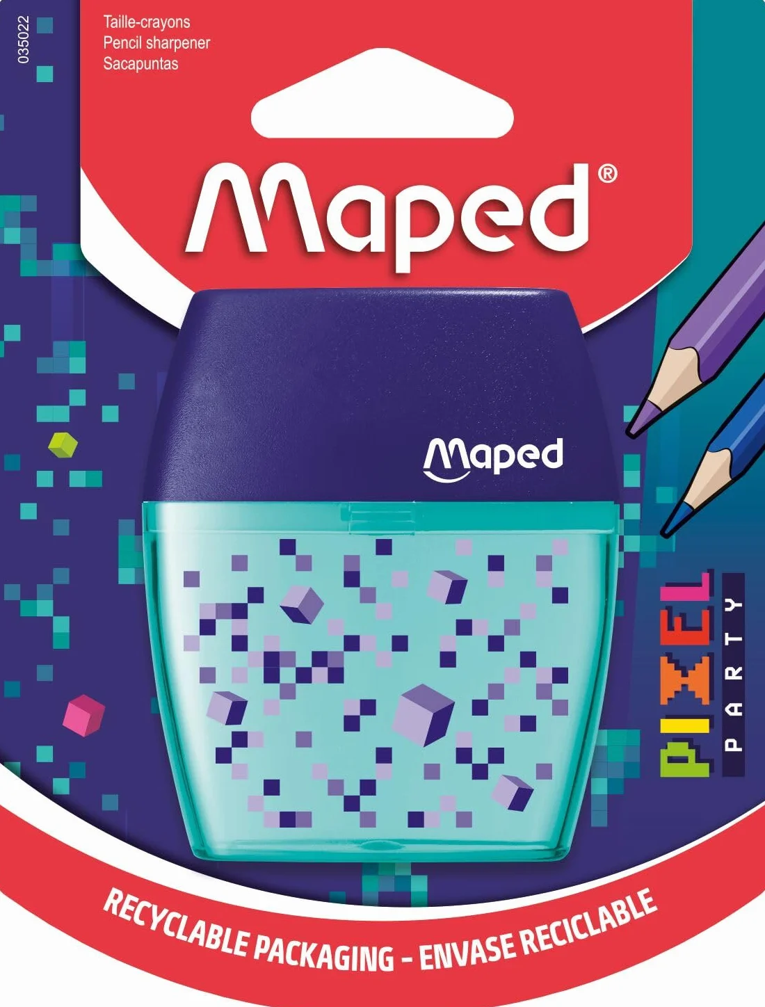 Maped - Temperówka Shaker Pixel Party - Temperówka z 2 otworami i przezroczystym zbiornikiem