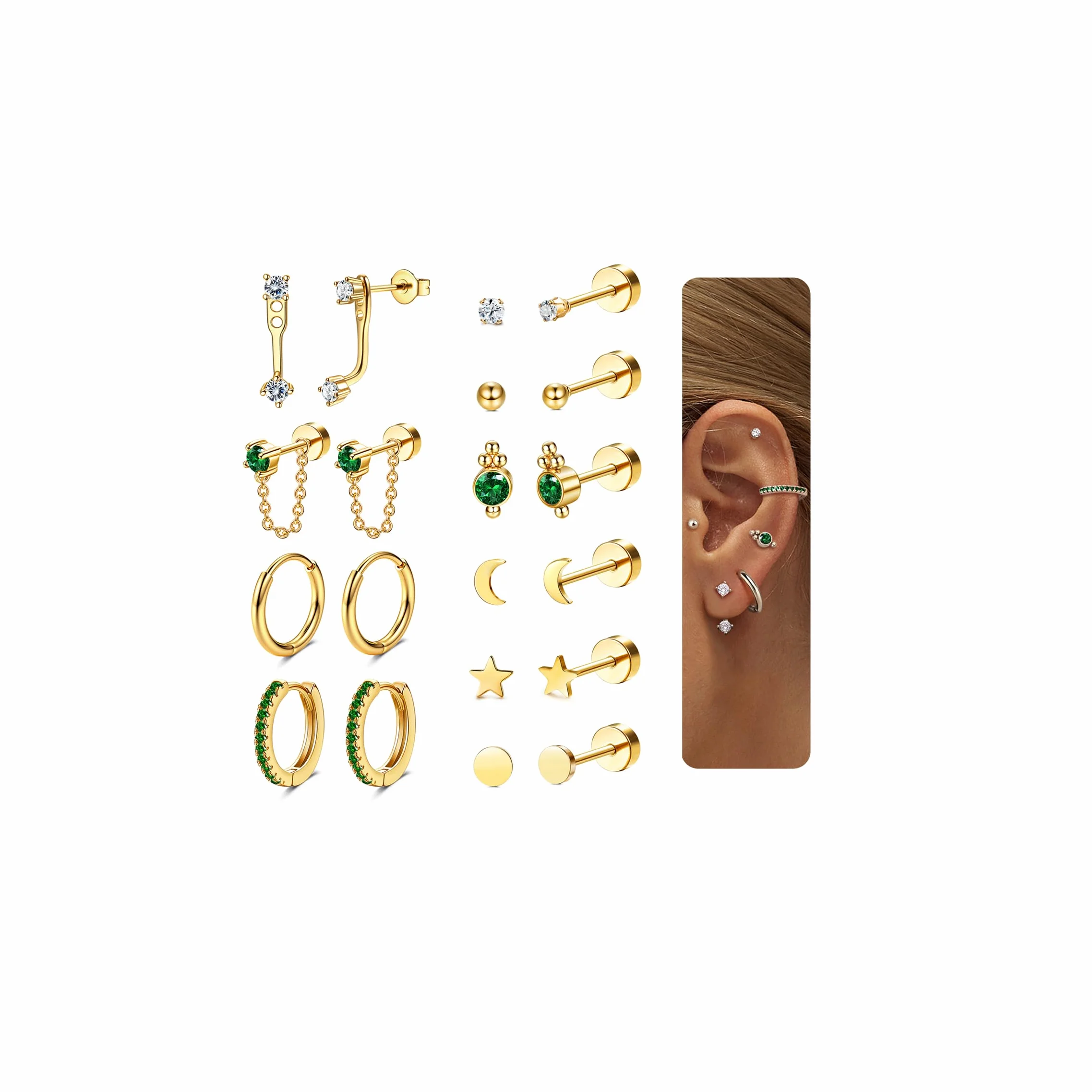 JeweBella 10 par hipoalergicznych damskich kolczyków srebrnych/złotych zestaw kolczyków damskich ze stali nierdzewnej, piercing do uszu kreole chrząstki do wielokrotnego piercingu