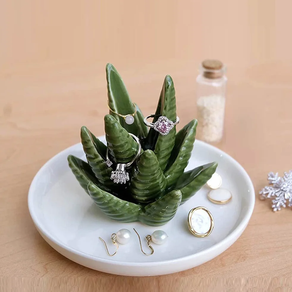 Aloes Ceramiczny Uchwyt na Pierścionek Danie, Uchwyt na biżuterię Pierścionki Bransoletki Kolczyki Zielony Soczysty Ozdoba Taca dla Kobiet Dziewczyn