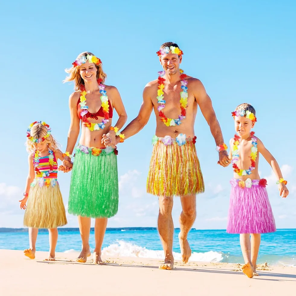 Aomig Hula Hawajska spódnica, 5 szt. Hawajska spódnica w kwiaty, tropikalny kostium z wiązką, 40/60 cm Hawajskie kwiatowe girlandy dla dzieci, dorosłych, kobiet letnia impreza na tropikalnej plaży