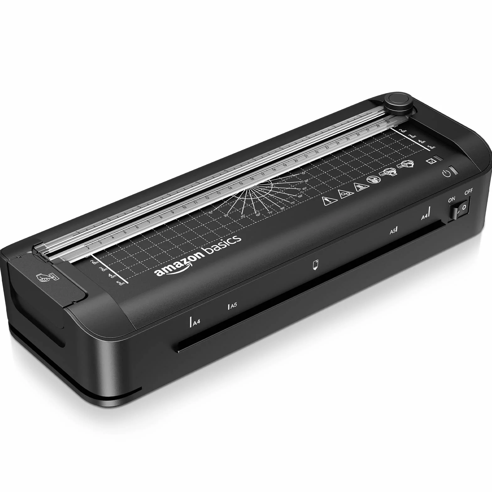 Amazon Basics Laminator termiczny 3 w 1 do formatu A4 z funkcjami cięcia, dziurkowania i zaokrąglania narożników, zawiera 10 koszulek, wtyczkę EU, czarny