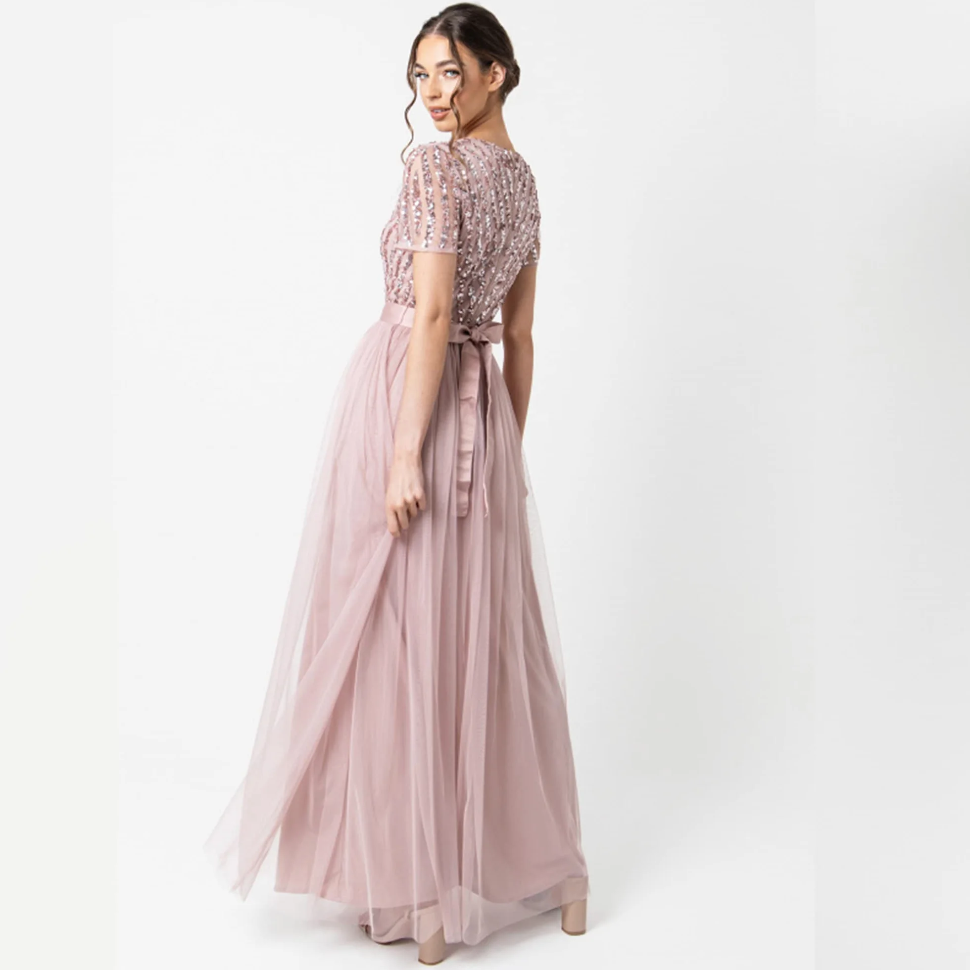 Maya Deluxe Sukienka druhny Kobiety Maya Deluxe Maxi Dress For Women Braidesmaid V-neck Plus Size Ball Gown Short Sleeves Długi Elegant Imperium Waist