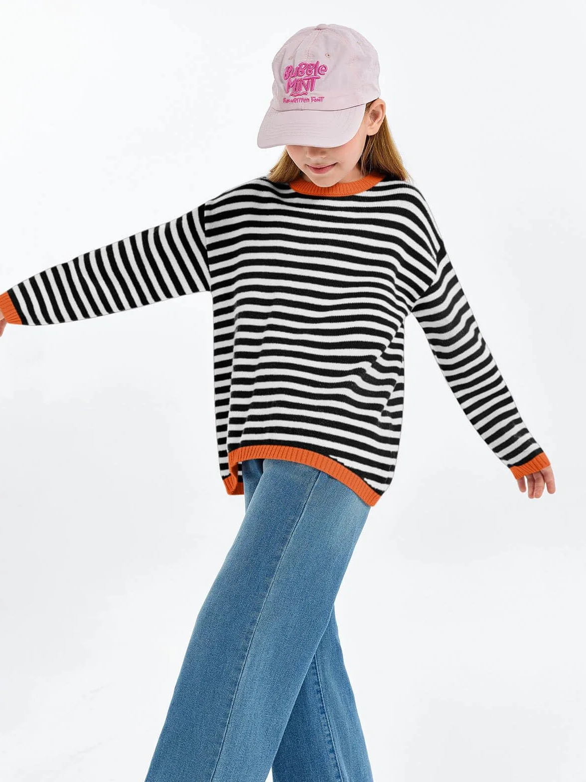 Haloumoning Dziewczęcy sweter w paski, okrągły dekolt, lekki sweter z dzianiny dla dzieci, jednokolorowy, długi rękaw, dzianina, bluza zimowa, top