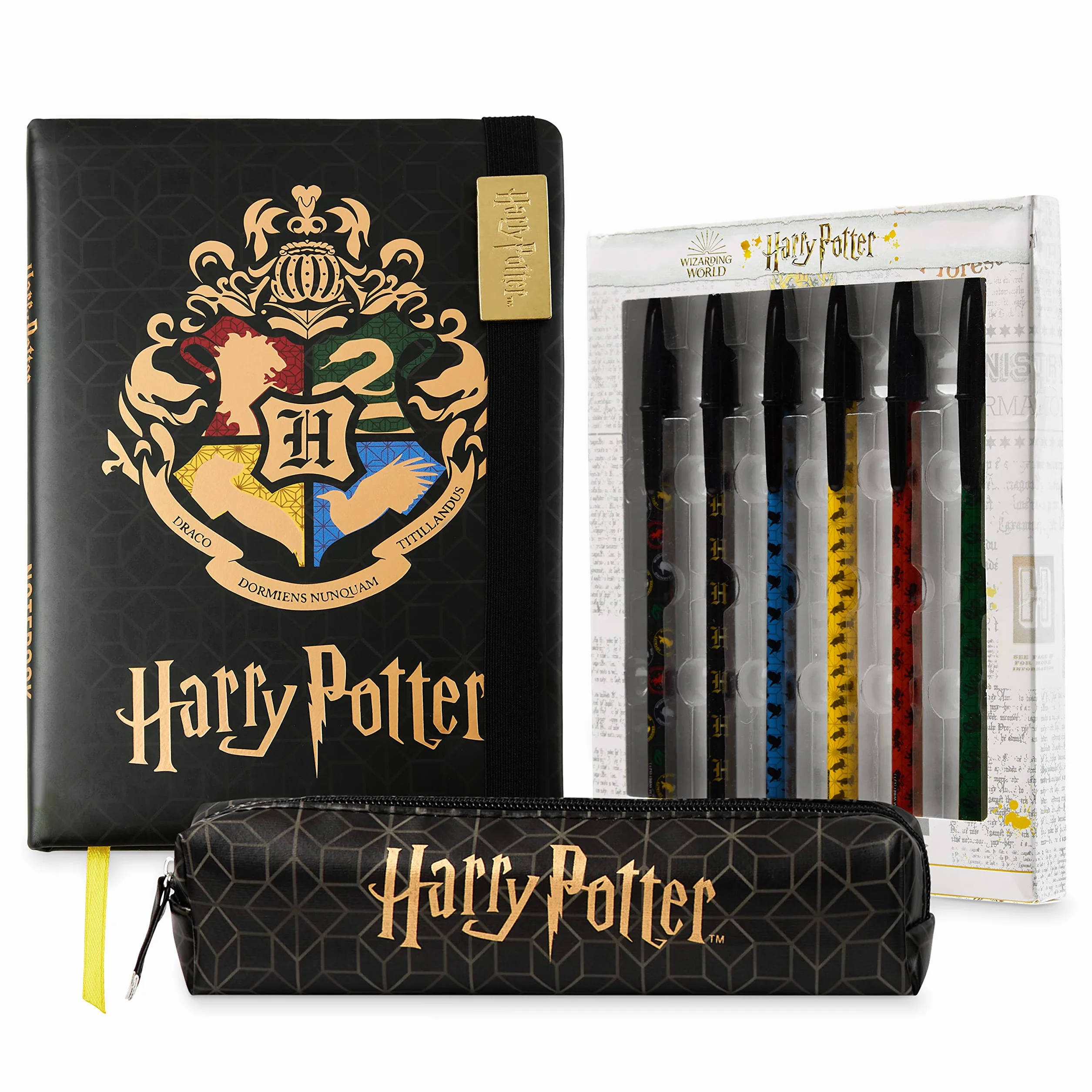 Harry Potter Notatnik A5 i Piórnik dla Dziewczynek i Chłopców z Długopisami, Przybory Szkolne dla Dzieci i Nastolatków (Czarny/Złoty)
