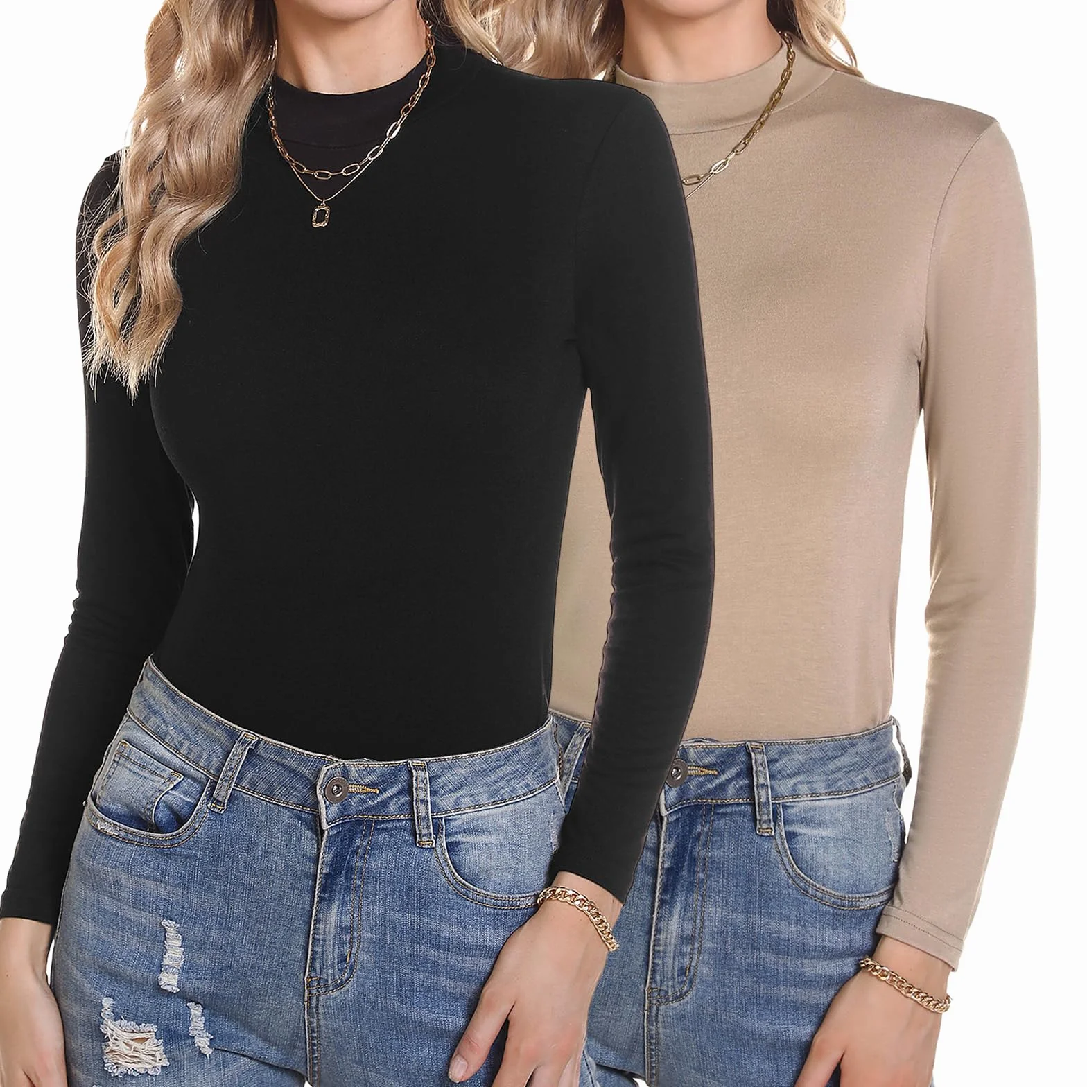 Aottori Koszulka damska z golfem 2 sztuki w opakowaniu basic z długim rękawem elegancka solidna koszula na co dzień lekka elastyczna miękka wewnętrzna koszulka termiczna T Shirt