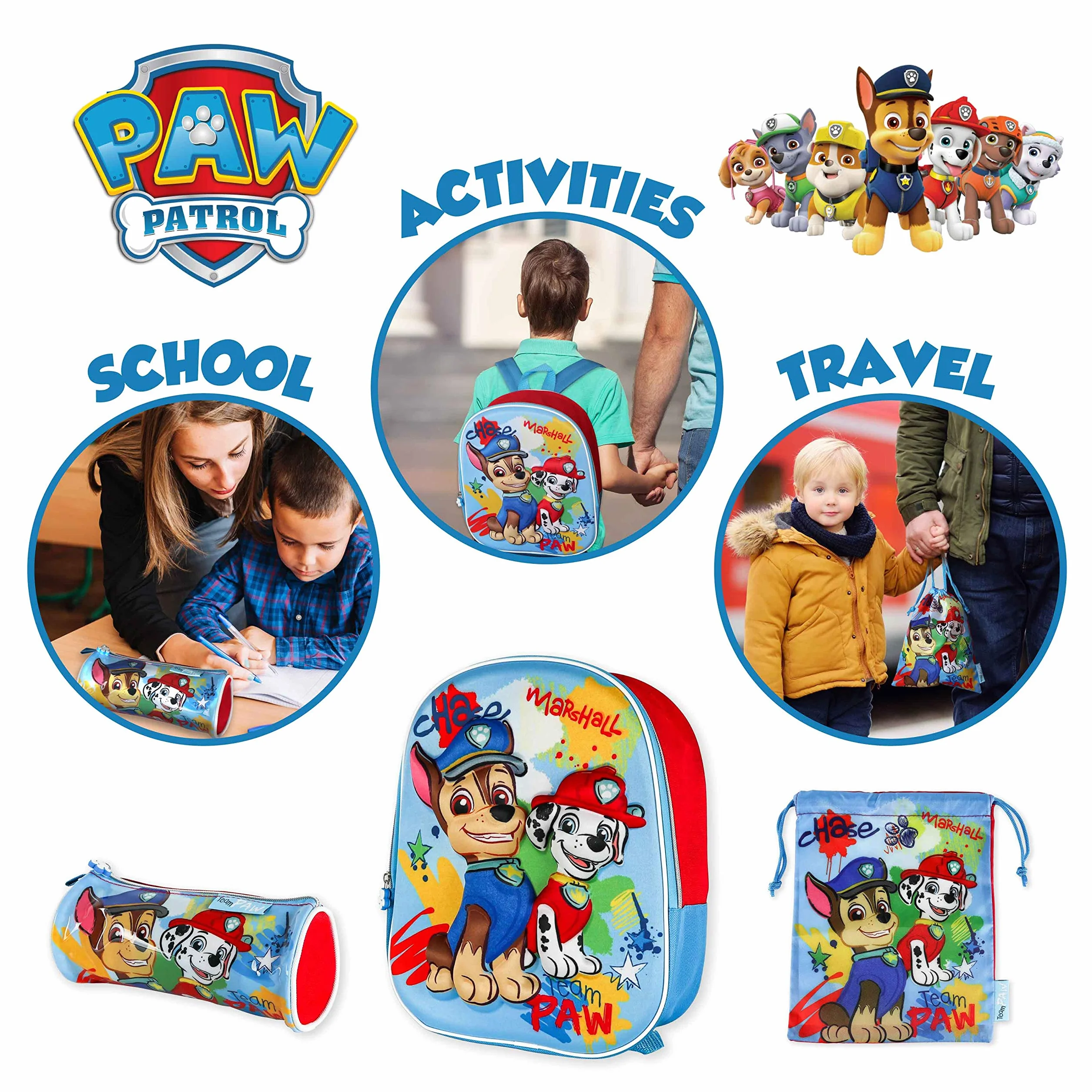 Tornister szkolny 3D, torba ze sznurkiem, piórnik - Paw Patrol | Tornister dla chłopców i dziewczynek od 3 lat | Tornister z plecakiem, torbą na lunch, piórnikiem | Powrót do szkoły z Paw Patrol