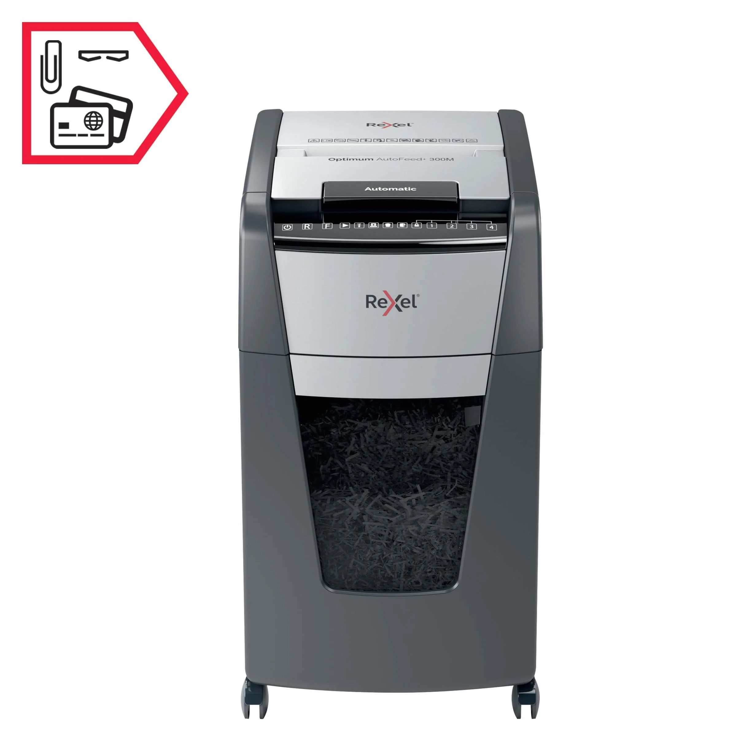 Rexel Optimum Auto Feed+ Automatyczna Niszczarka do Papieru, 300 Arkuszy, Bezpieczeństwo P-5, Tnie na Mikrościnki, do Małego Biura, 60 L, na Kółkach, 2020300M