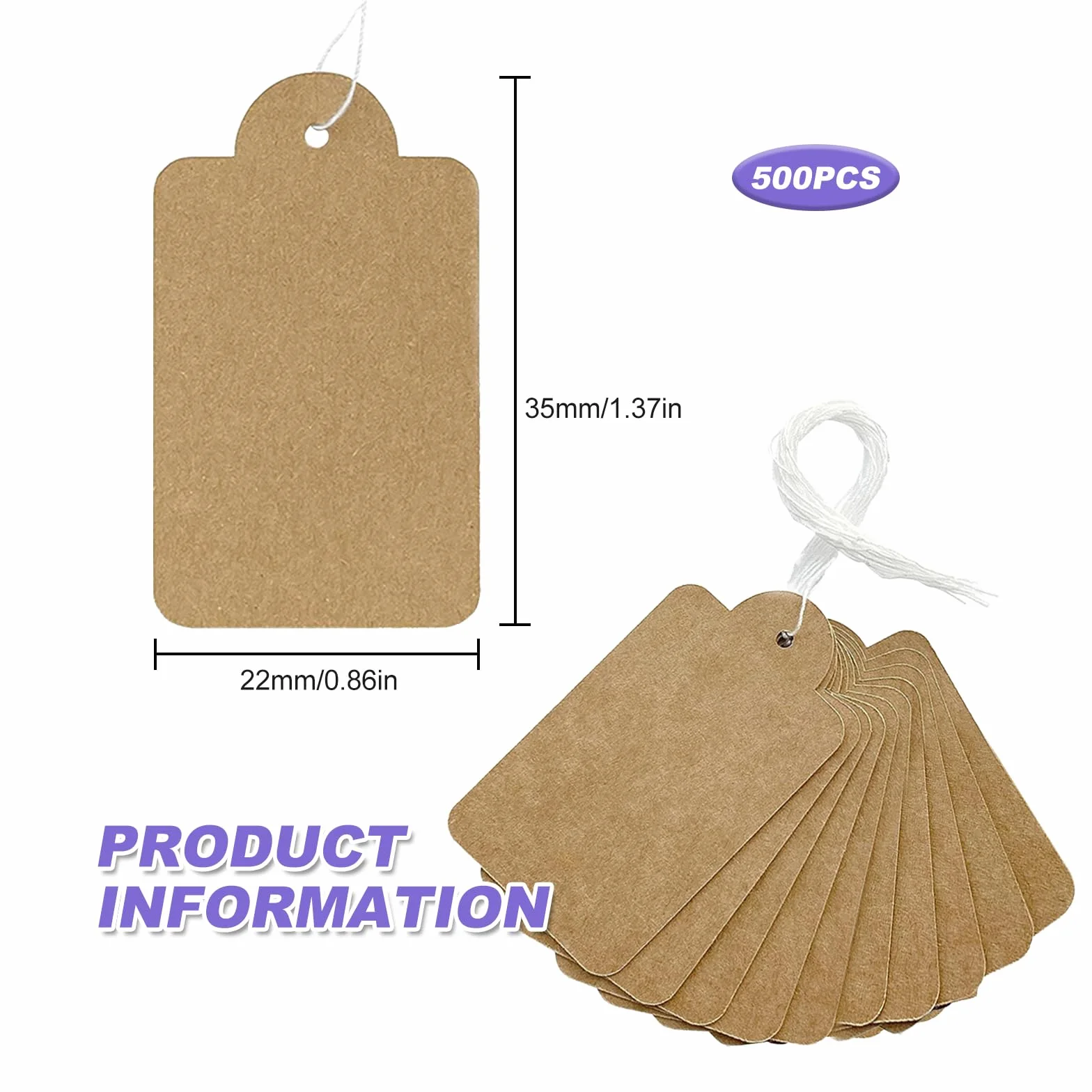 Metki cenowe ze sznurkiem, 500 szt. etykiet z papieru kraftowego, 35 x 22 mm, brązowa biżuteria, zawieszki cenowe, do ekspozycji, ubrań, biżuterii, prezentu, 500 szt