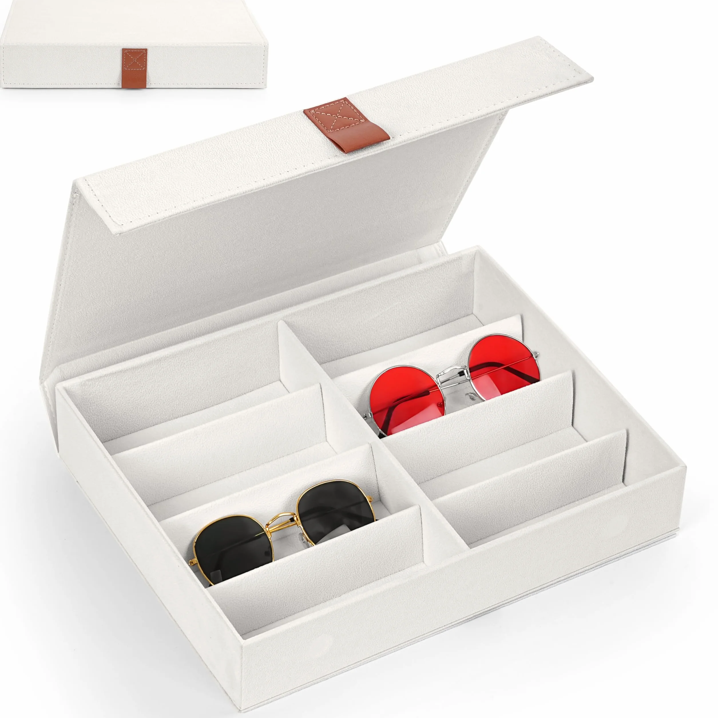 Winter Shore Etui na okulary przeciwsłoneczne - stylowy organizer, chroni przed kurzem - etui na okulary z klapką, 8 przegródek - uchwyt na zegarki i biżuterię męską - 32,5 x 25 x 6,5 cm.