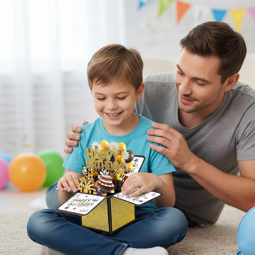 Kartka urodzinowa, Kartka urodzinowa 3D Pop-Up Happy Birthday, Ręcznie składana kartka z kopertą, Prezent urodzinowy dla żony, dziewczyny, mężczyzn i przyjaciół – Czarne złoto 18x19CM