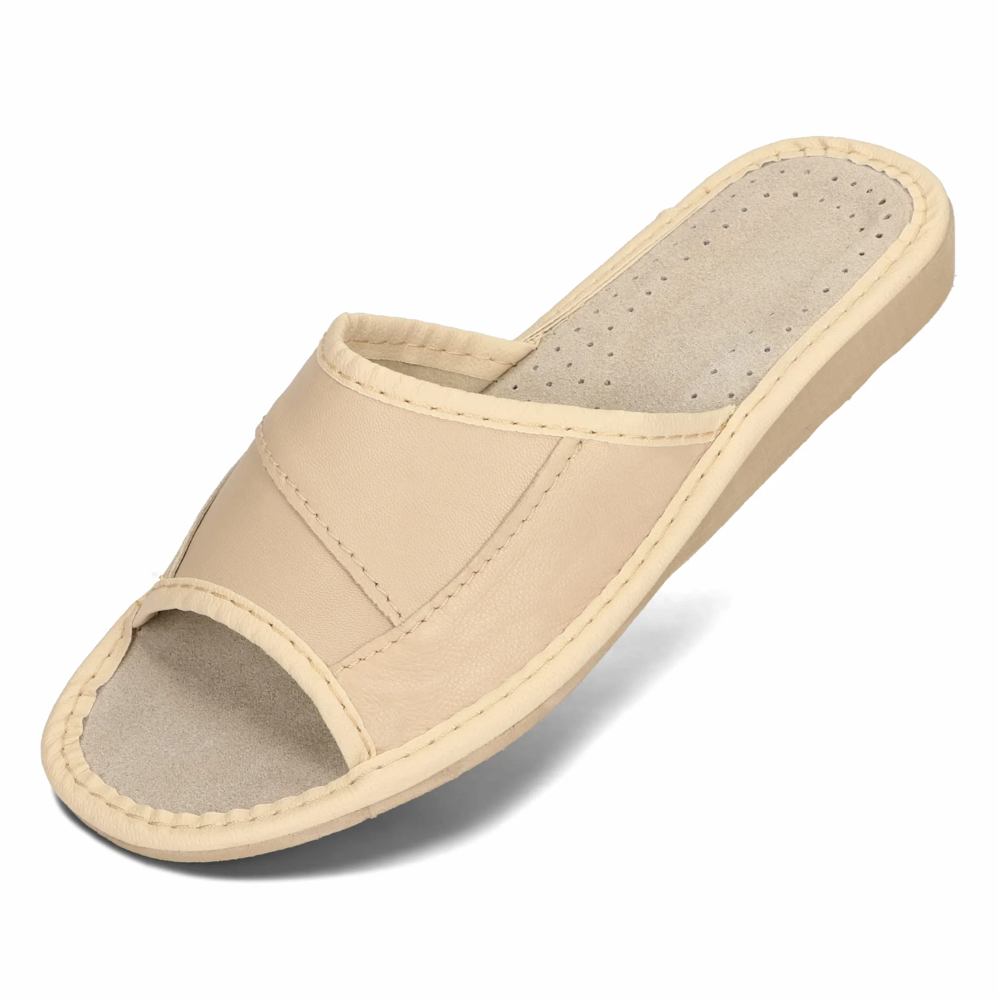 BeComfy Damskie skórzane kapcie pantofle domowe letnie klapki beżowy czerwony czarny 35-41 EU