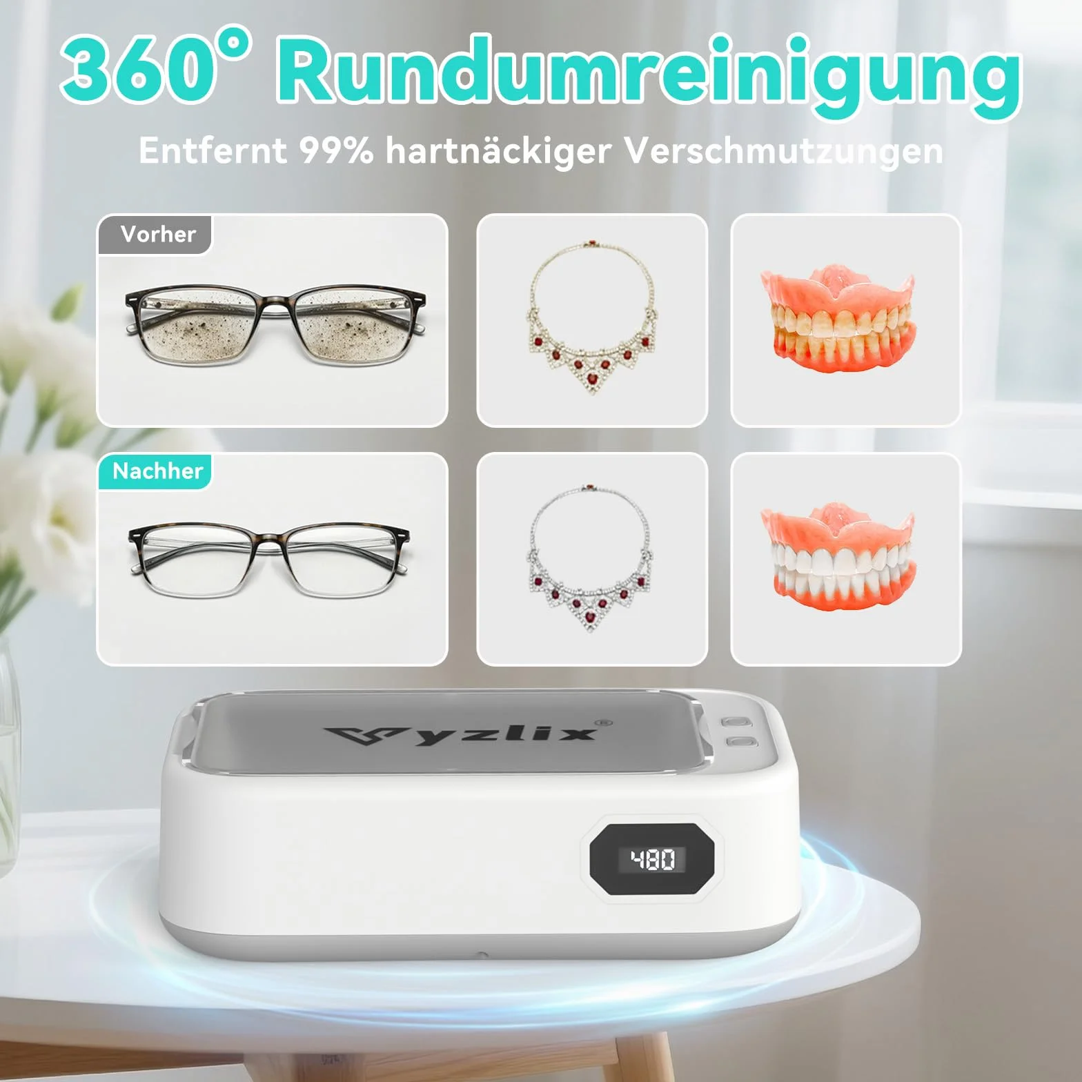 Ultradźwiękowe urządzenie czyszczące 640ml z 5 trybami, 49 000 Hz, 40W - do okularów, biżuterii, monet, protez zębowych (z pęsetą i ściereczką)​ (Biały)