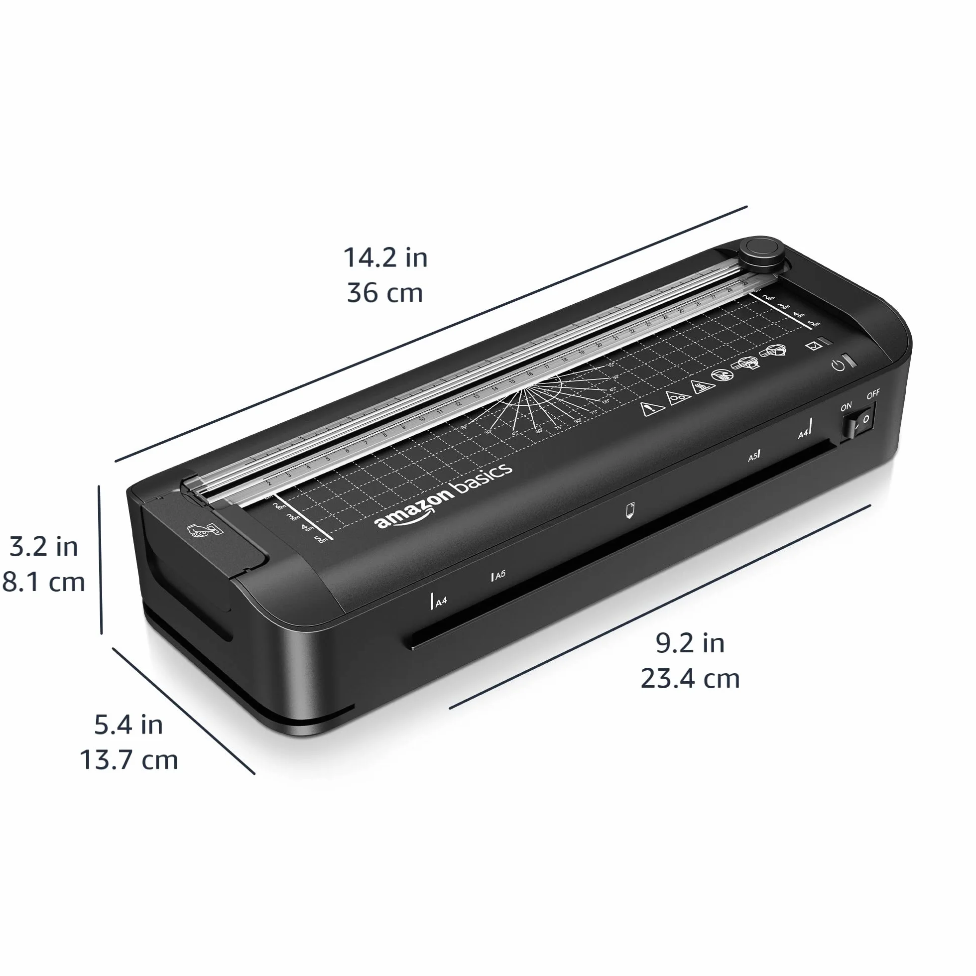 Amazon Basics Laminator termiczny 3 w 1 do formatu A4 z funkcjami cięcia, dziurkowania i zaokrąglania narożników, zawiera 10 koszulek, wtyczkę EU, czarny