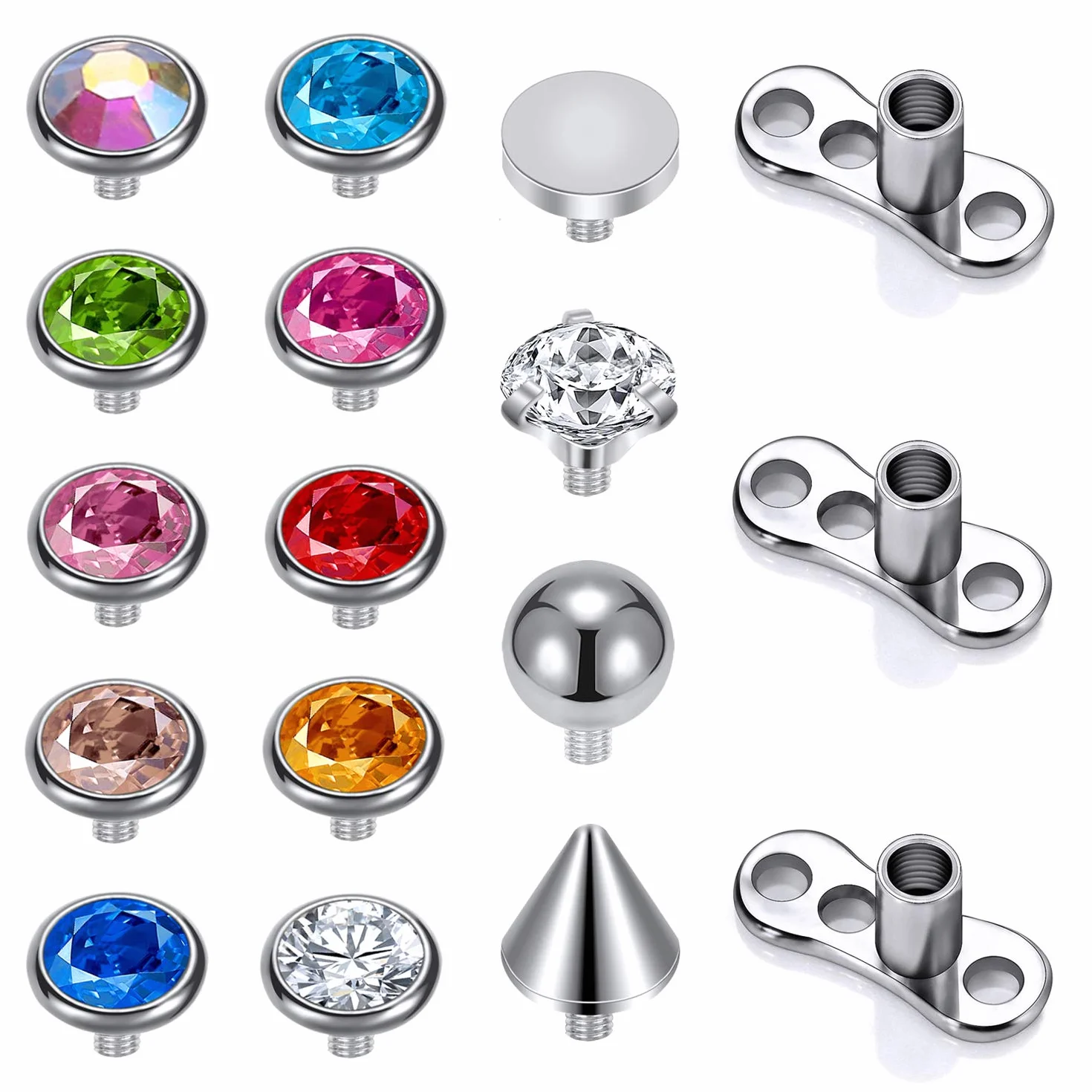 Zestaw kolczyków, rozmiar 14, stal chirurgiczna, gwintowanie wewnętrzne, kotwica, baza, piercing dla kobiet, mężczyzn, 14 / 15 szt., cyrkonia, 2 mm, 3 mm, 4 mm, Stal nierdzewna, Cyrkonia sześcienna,