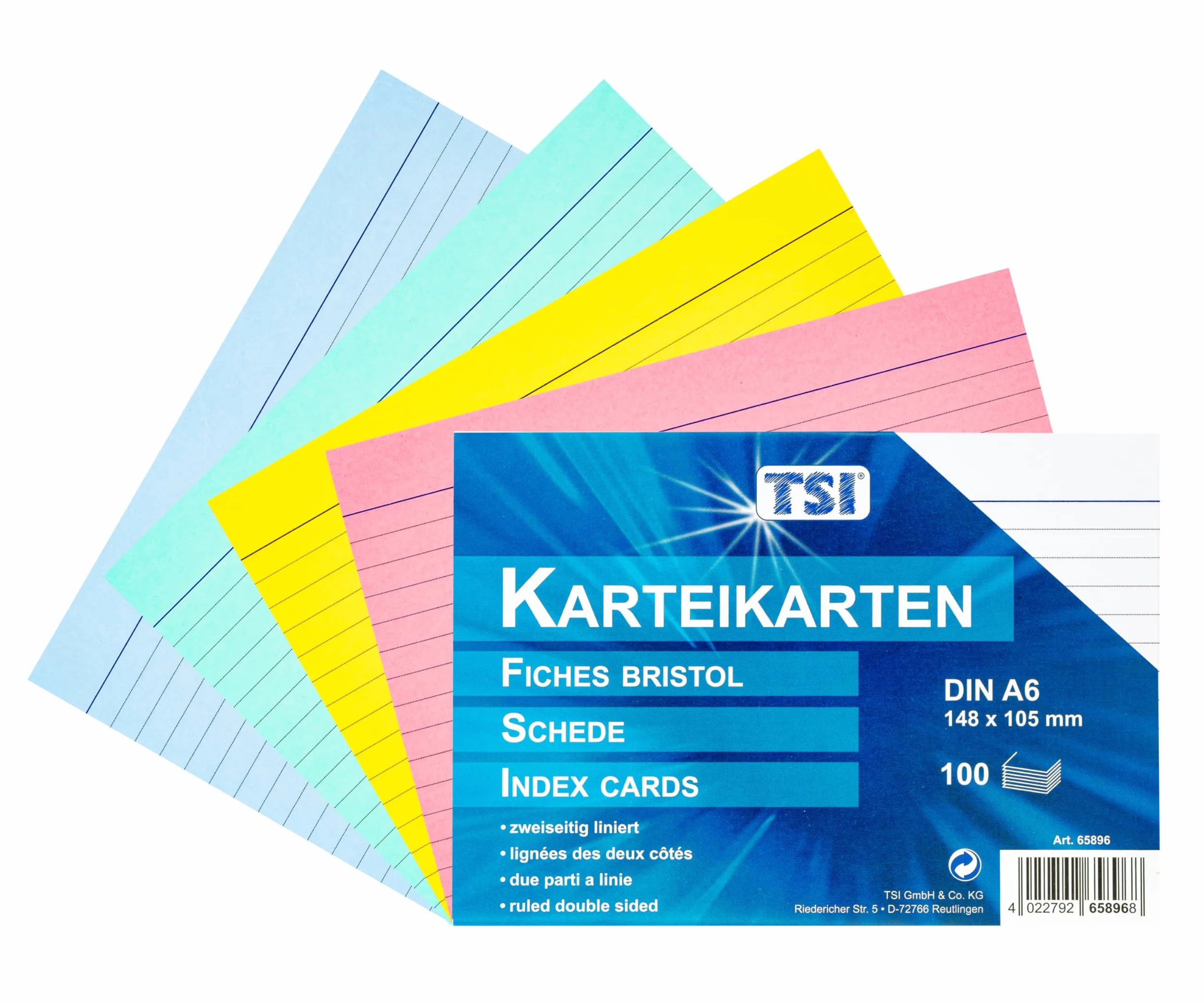 TSI 65896 kolorowe fiszki, opakowanie 100 sztuk, w linie, DIN A6