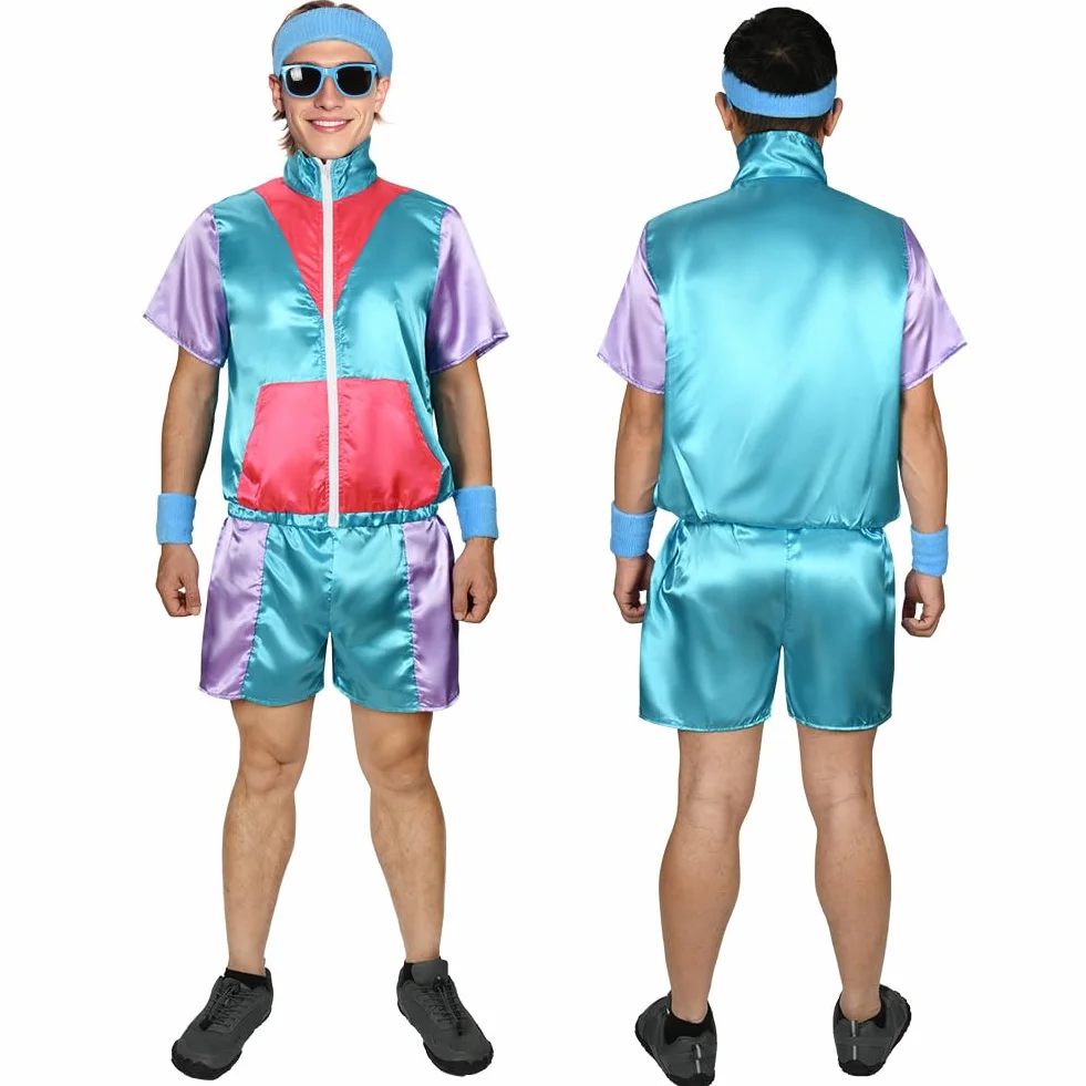 Aomig Strój hip-hopowy z lat 90. XX wieku, modny kostium z lat 80. i 90., odzież sportowa, do dyskoteki, z opaskami na nadgarstek, disco, fantazyjna sukienka w stylu lat 80. XX wieku, dres na