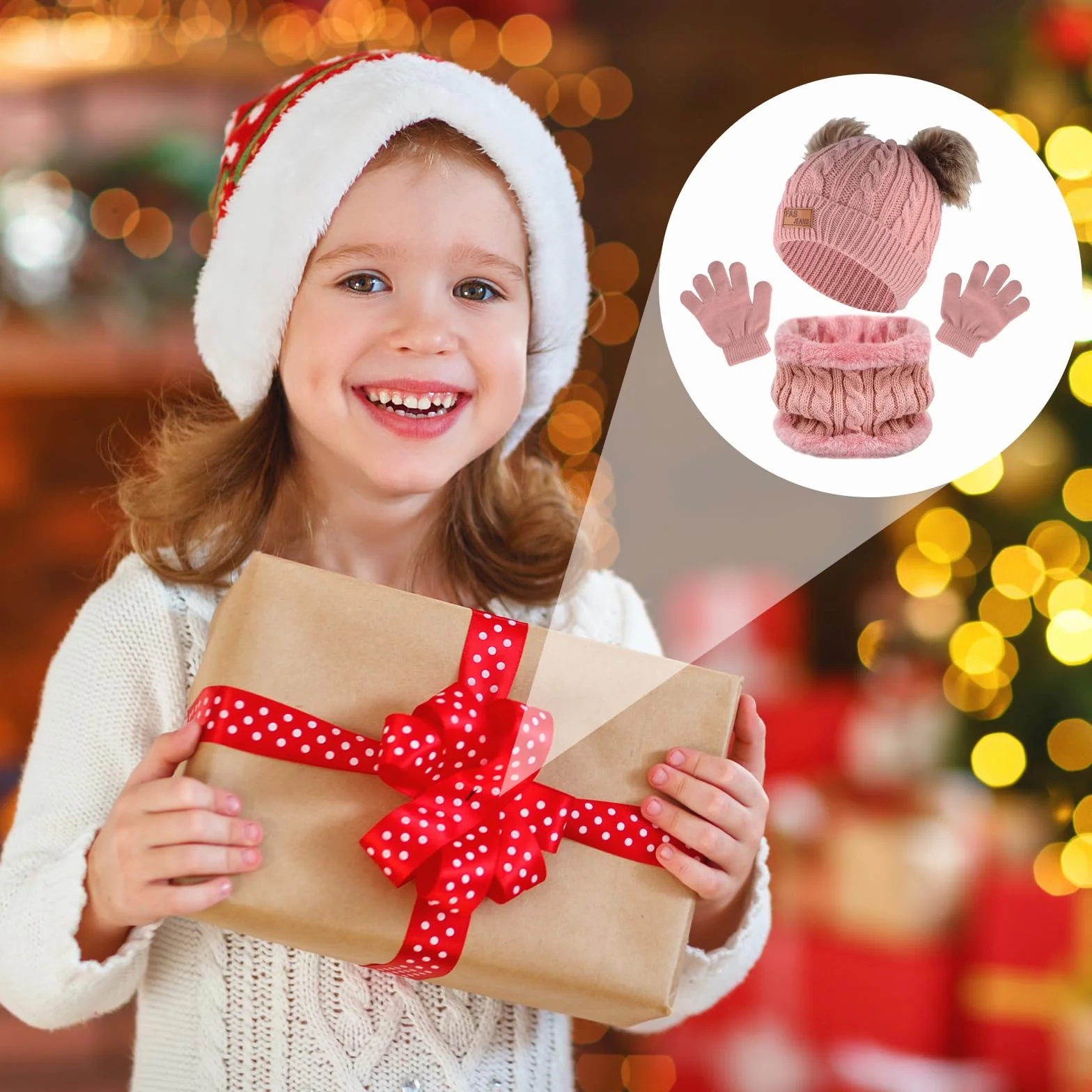 Zestaw 3 czapek, szalików, rękawiczek dla dzieci, czapka beanie, okrągły szal z podszewką polarową, ciepły zimowy zestaw dzianin, czapka szalik i rękawiczki dla chłopców, dziewcząt w wieku