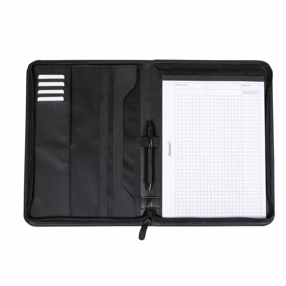 Alassio 30067 - teczka z zamkiem błyskawicznym DIN A4 LORENZO, teczka konferencyjna w kolorze czarnym teczka do organizacji ok. 34 x 25 cm, teczka konferencyjna z blokiem, przegródkami, szlufką na długopis i 4 przegródki na wizytówki