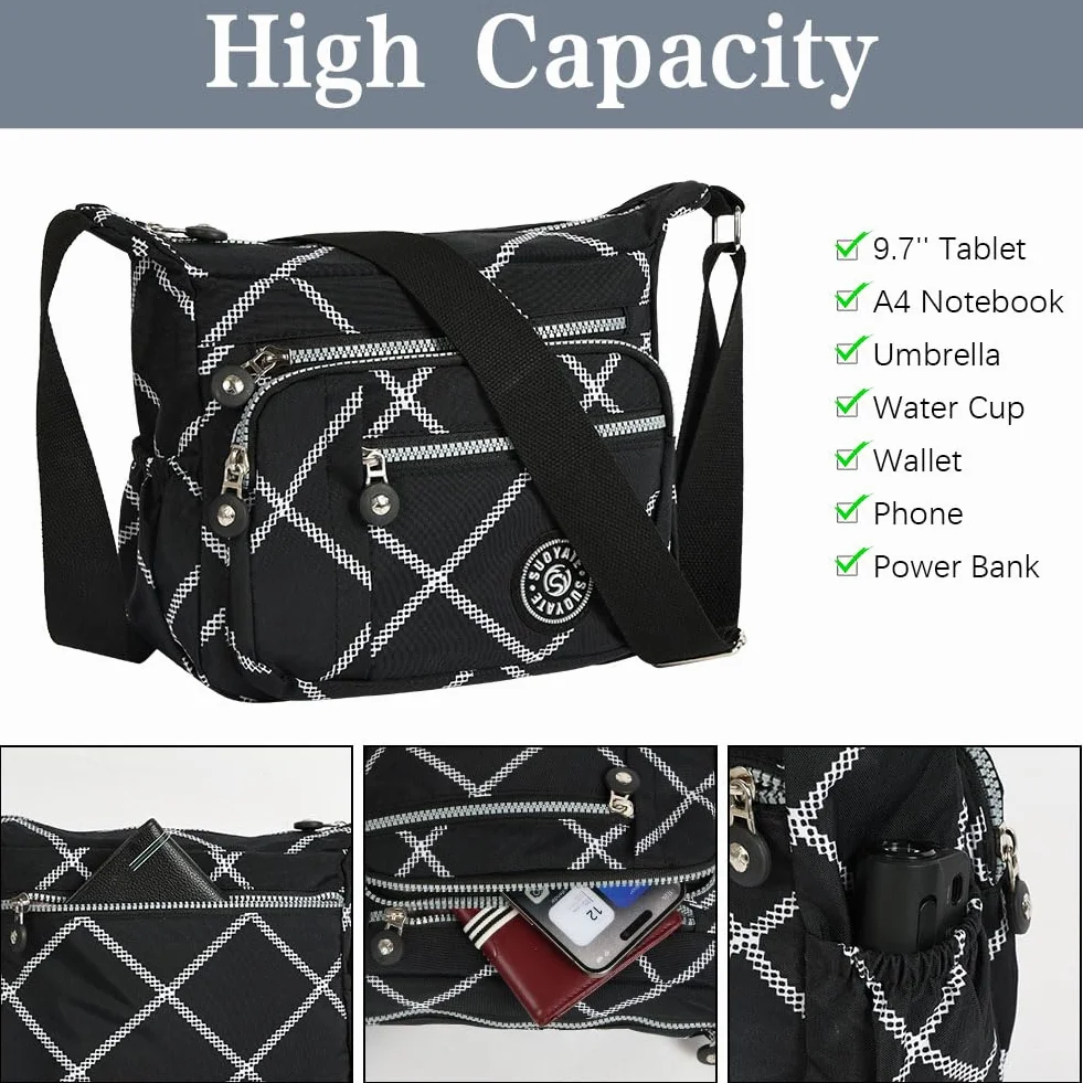 Aucuu Damska torba crossbody z wieloma kieszeniami, wielofunkcyjna torba crossbody, nylonowa lekka i wodoodporna, torba podróżna z regulowanym paskiem na ramię, na zakupy, wędrówki, do codziennego