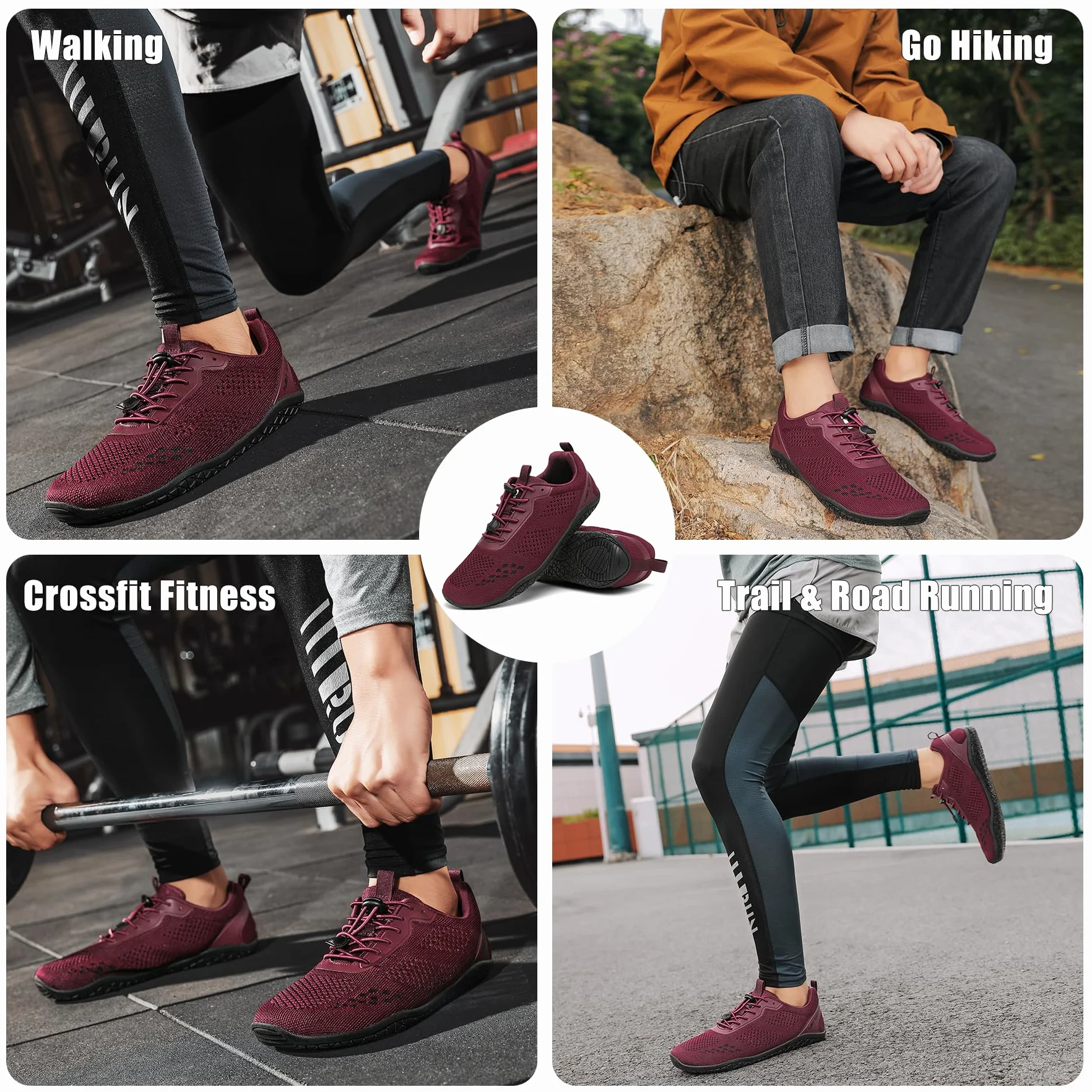 Geweo Buty Barefoot Męskie i Damskie Lekkie Wygodne Buty Sportowe Treningow z Szeroką Skrzynią na Palce Oddychające Buty do Biegania, do CrossFit z podeszwą Zero-Drop Unisex Burgund Czerwony 44EU