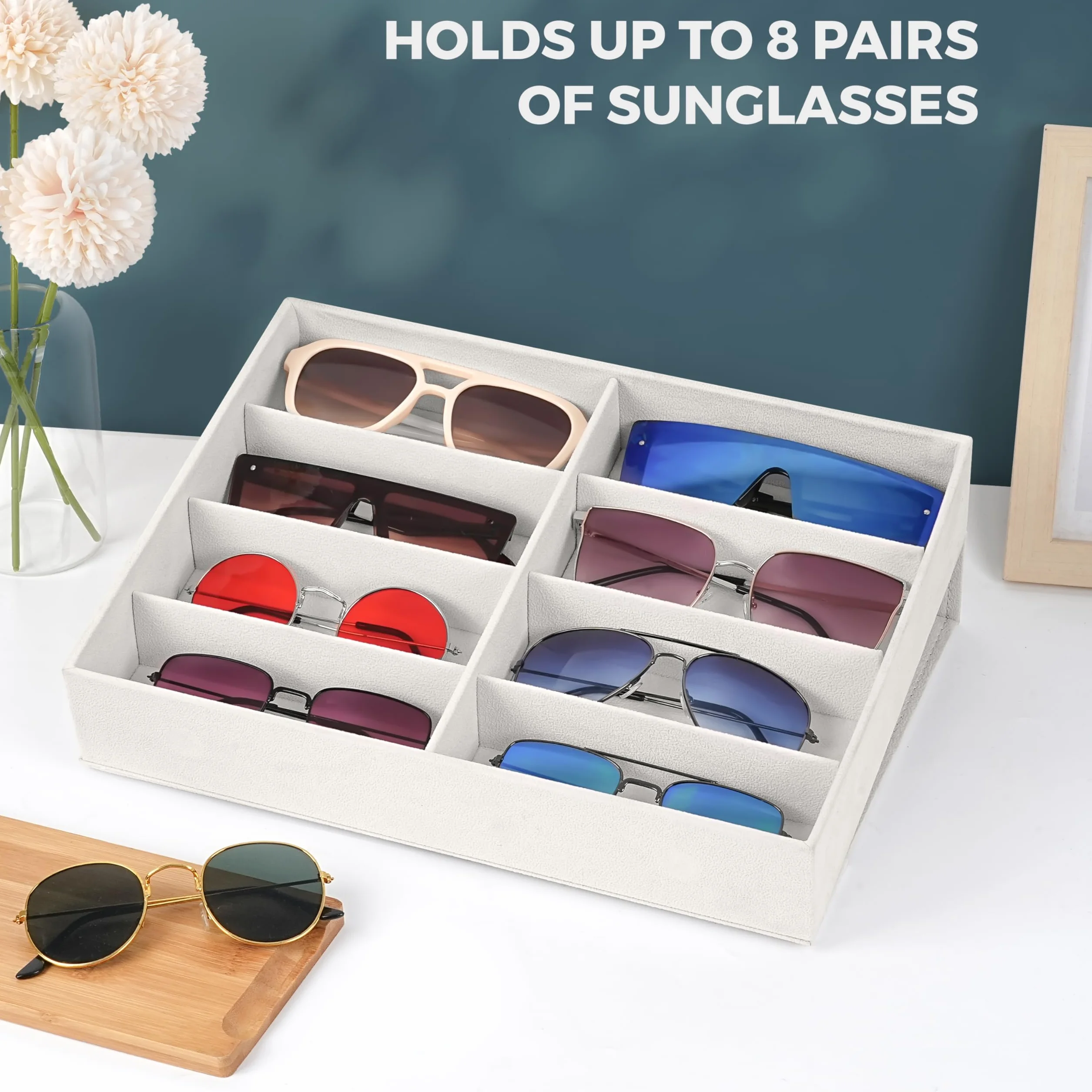 Winter Shore Etui na okulary przeciwsłoneczne - stylowy organizer, chroni przed kurzem - etui na okulary z klapką, 8 przegródek - uchwyt na zegarki i biżuterię męską - 32,5 x 25 x 6,5 cm.