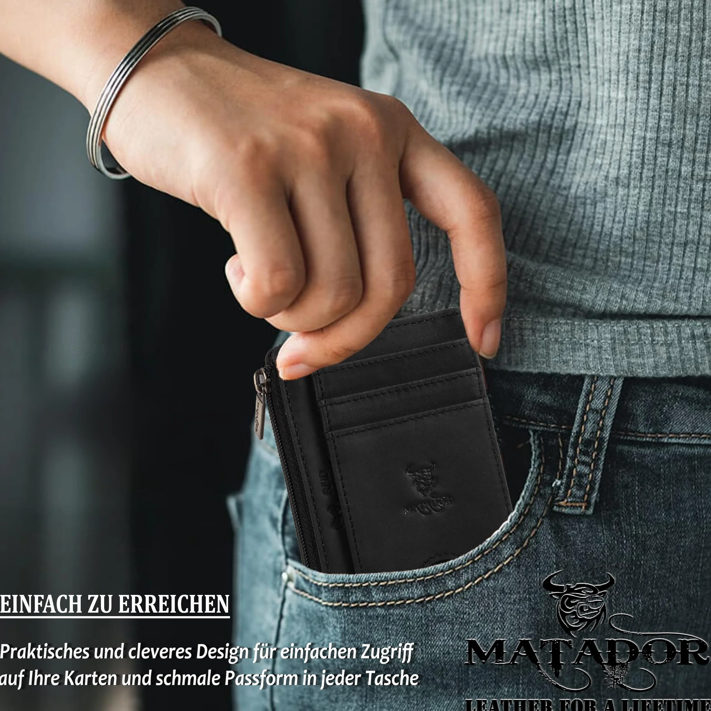 MATADOR Montreal Ultracienki portfel z dużą kieszenią na zamek błyskawiczny, cienka, skórzana obudowa, dla mężczyzn i kobiet, ochrona RFID, z pudełkiem prezentowym, czarny, Flach, Minimalistyczny