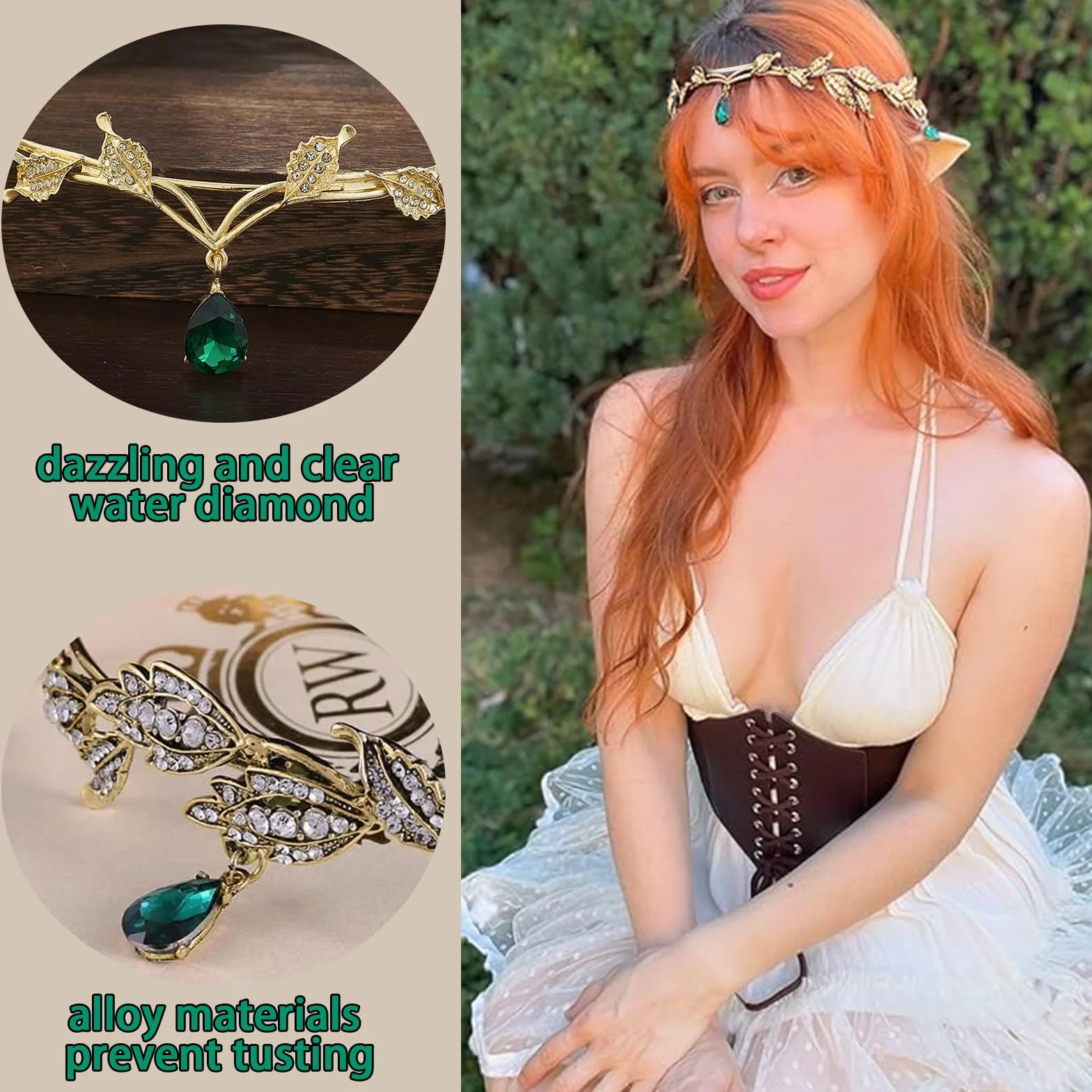 Fantazyjny elf Tiara, retro renesansowy elf tiara, tiara z kryształkami i liśćmi, panna młoda ślubna z koroną królową, nadaje się na Cosplay, wesela, imprezy anime i imprezy karnawałowe, 15x4