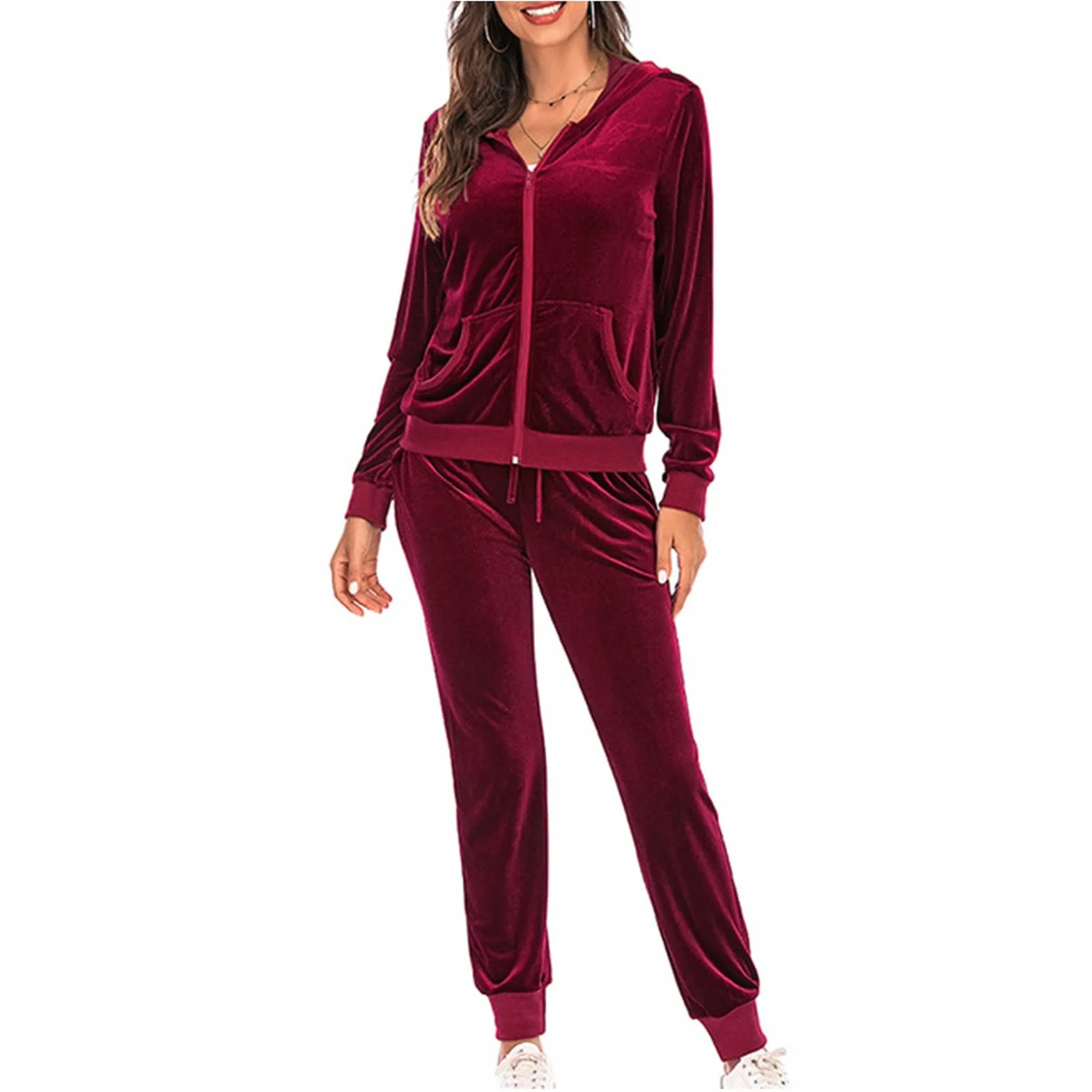 Generisch Damski dres do joggingu, 2-częściowy, złoty aksamit, zestaw do joggingu, sportowy dres fitness, dwuczęściowy strój rekreacyjny, jednokolorowy, elegancki dres sportowy z długim rękawem