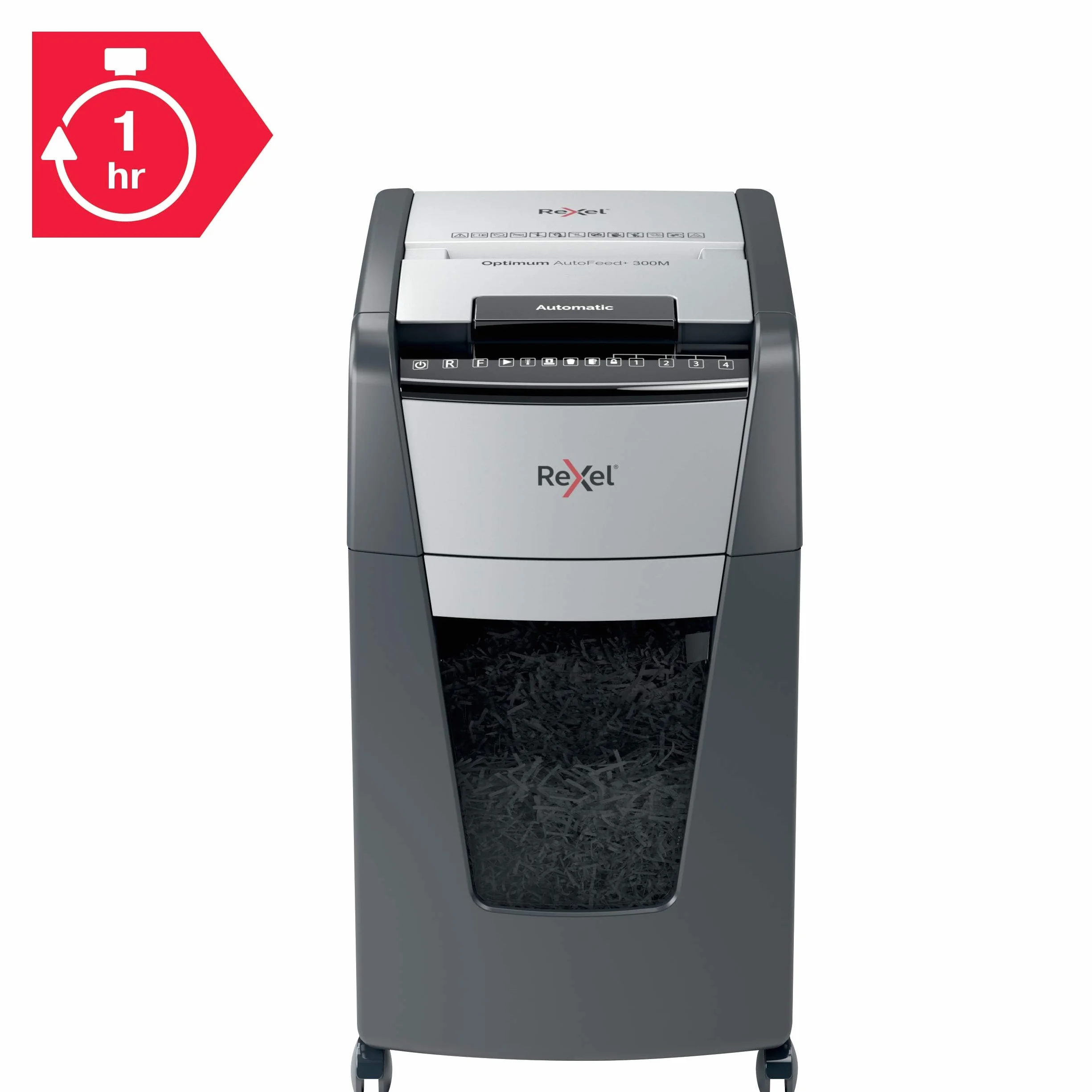 Rexel Optimum Auto Feed+ Automatyczna Niszczarka do Papieru, 300 Arkuszy, Bezpieczeństwo P-5, Tnie na Mikrościnki, do Małego Biura, 60 L, na Kółkach, 2020300M