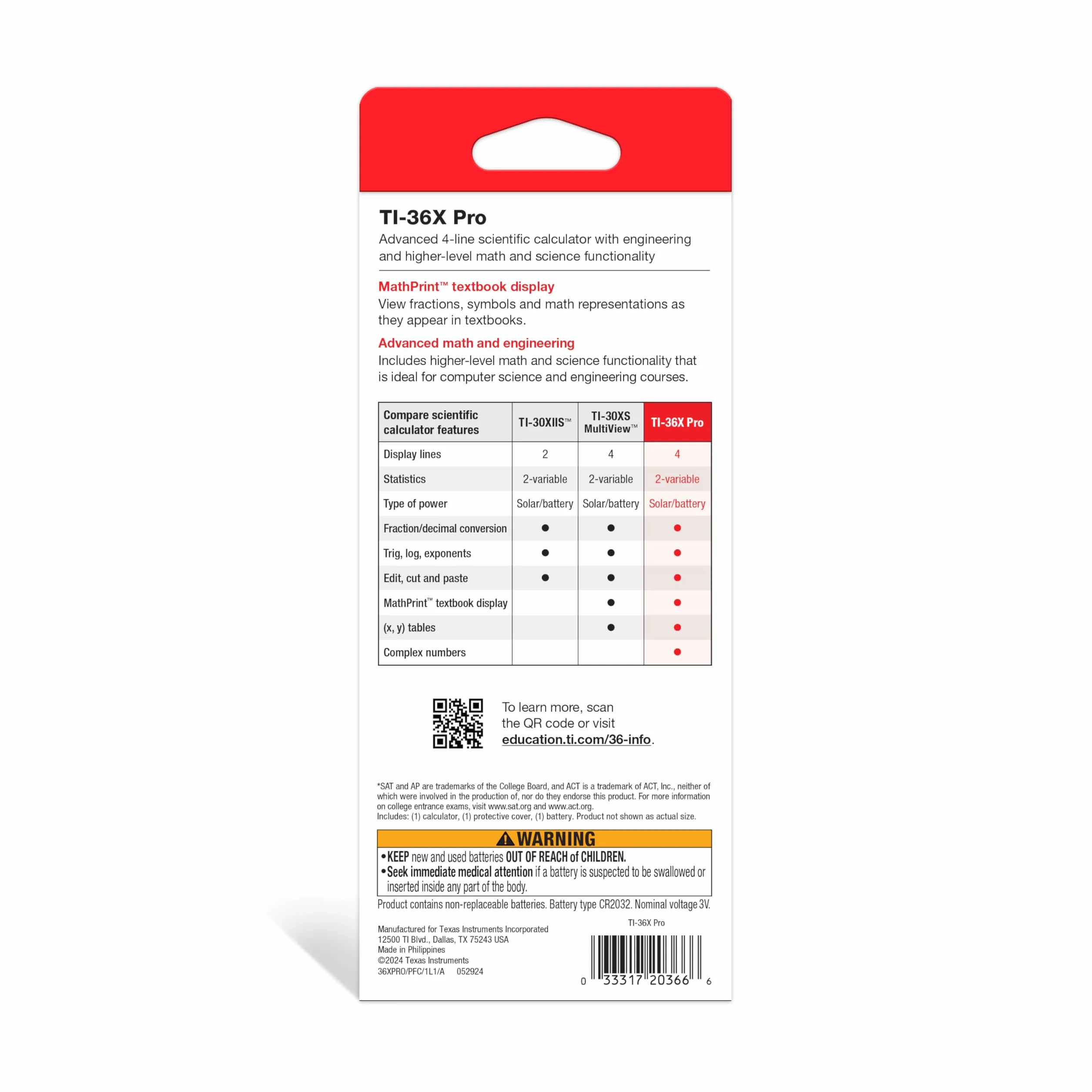 Texas Instruments TI-36X Pro kalkulator szkolny (4-liniowy), tylko z instrukcją i językiem francuskim, 36PRO/TBL/1L1, czarny