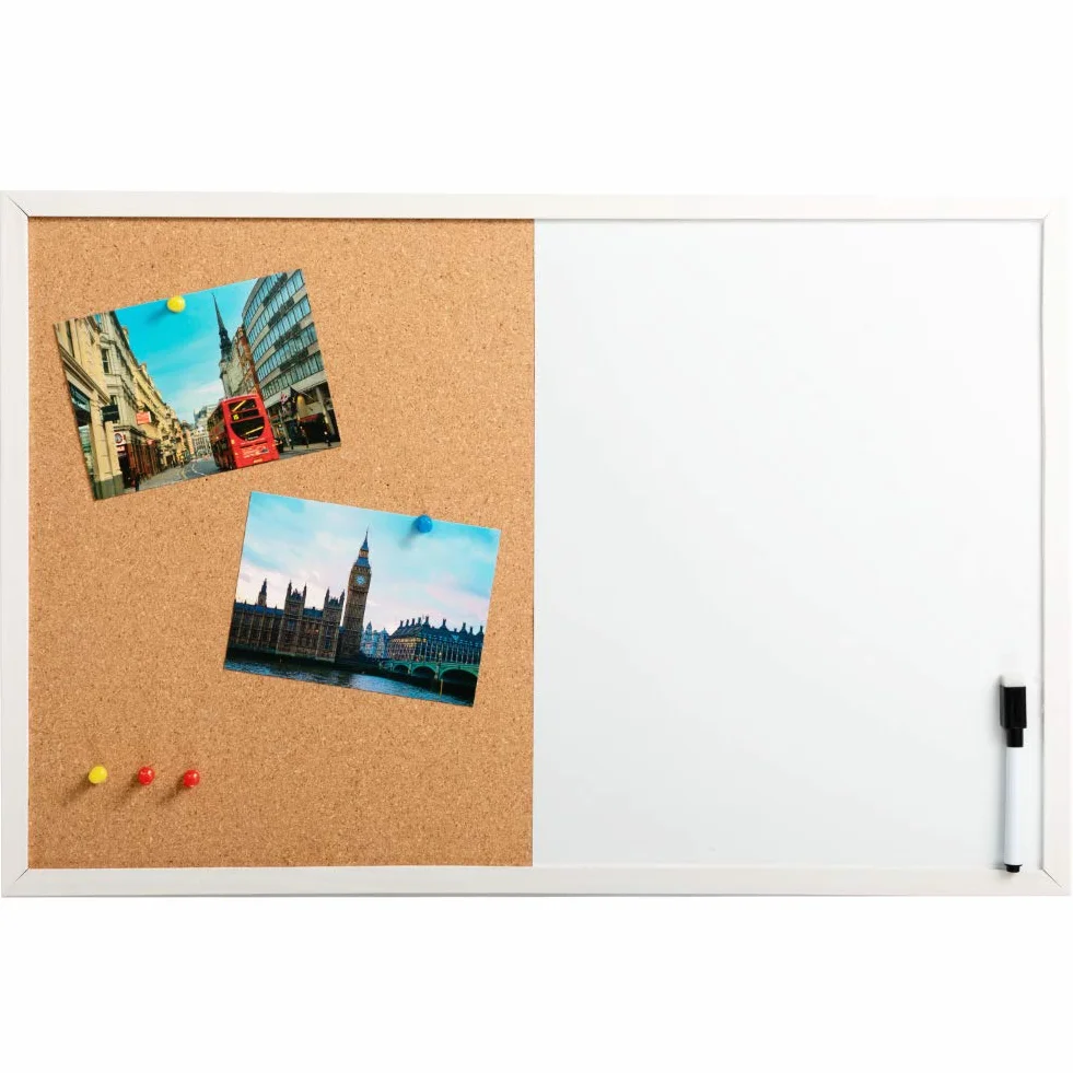 DOEWORKS 60 x 40 cm tablica magnetyczna i tablica korkowa, montowana na ścianie tablica ogłoszeń suchościeralna/tablica korkowa połączenie z białą drewnianą ramą