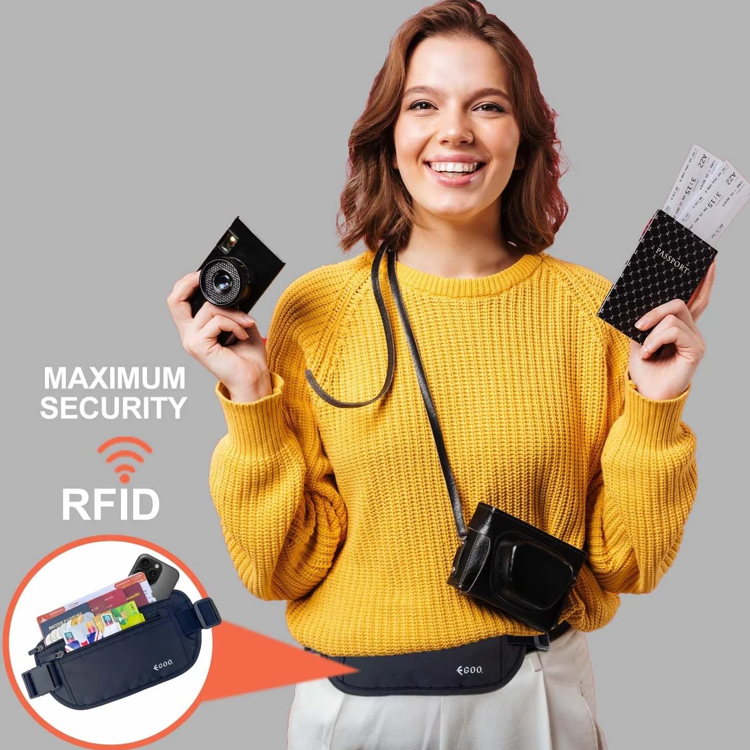 EGOO Ultralekki pasek na pieniądze RFID z regulowanym elastycznym paskiem do podróży, ukryta saszetka na pieniądze z wieloma kieszeniami + 3 etui ochronne na karty RFID, Czarny, Jeden rozmiar,