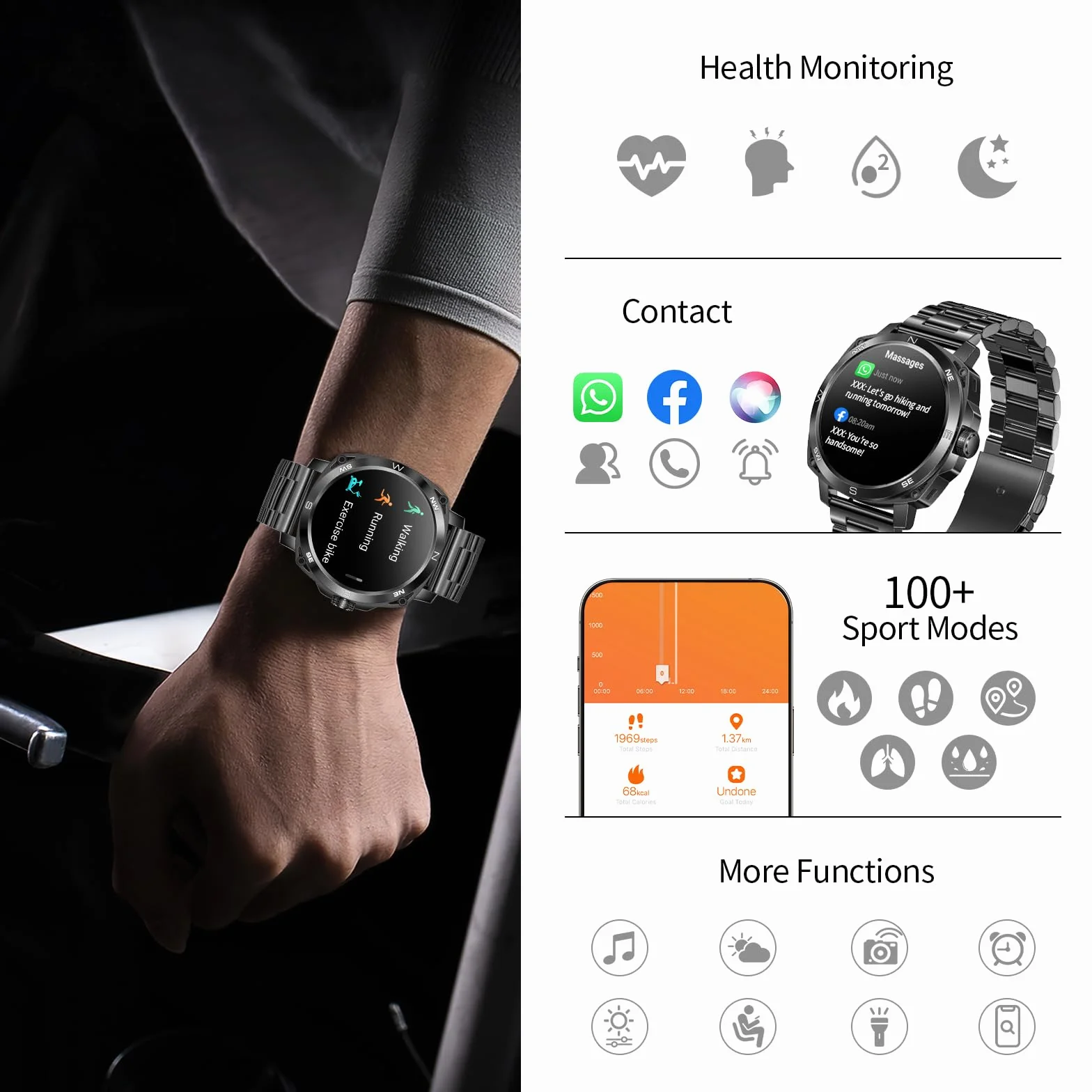 Smartwatch męski, okrągły zegarek, telefon, ekran dotykowy HD 1,5", wodoszczelność IP68, pomiar tętna, snu, zdrowotny, krokomierz, system