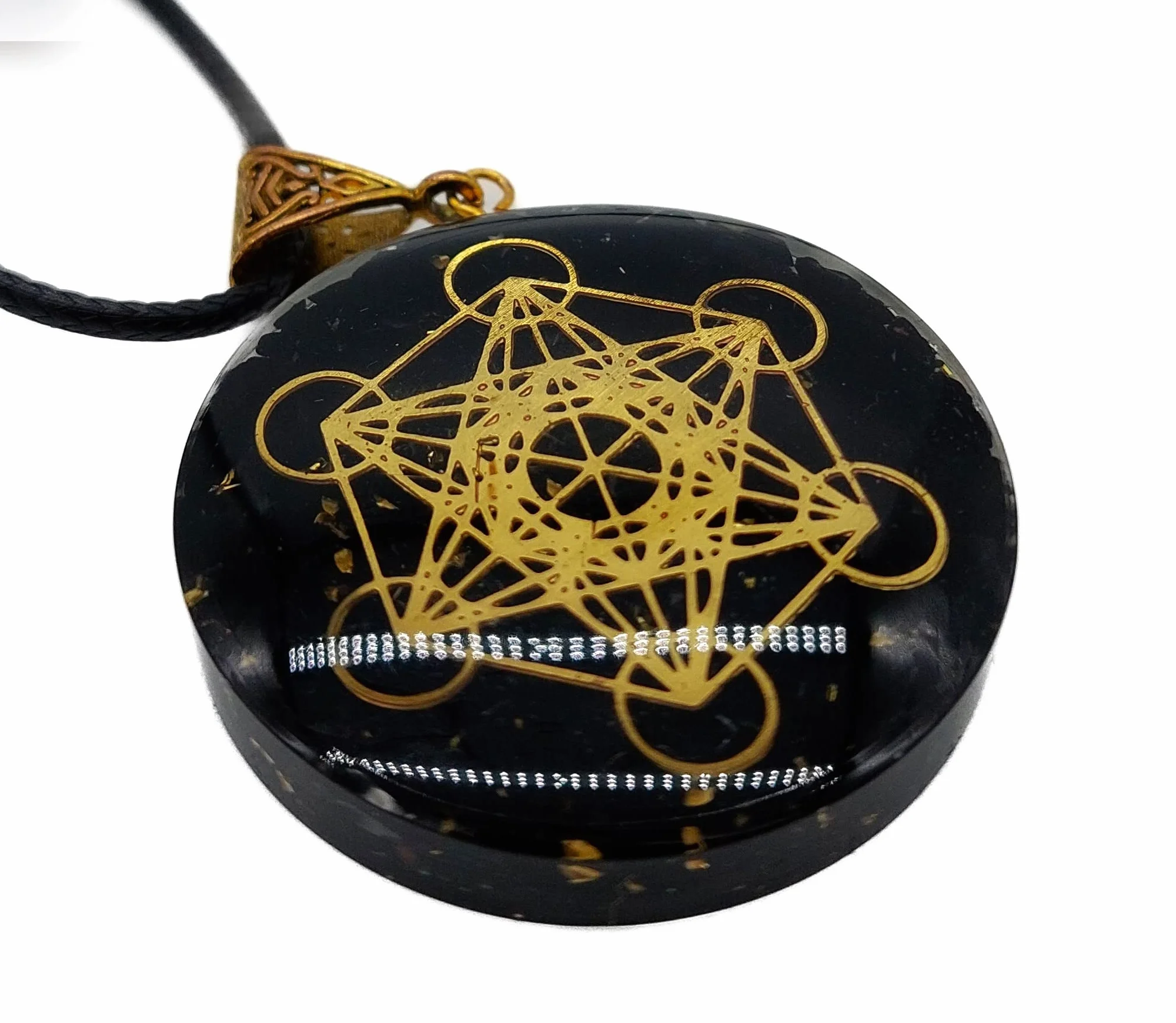 Orgonit czarny turmalin kamień szlachetny czakra amulet okrągły z kostką Metatrons w pudełku na biżuterię | ochrona energii szczęście harmonia, ca. 4 cm Durchmesser, Metal