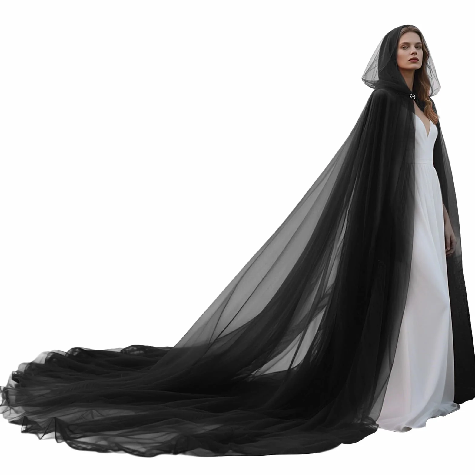 keland Tiulowa peleryna z kapturem, tiulowa peleryna z pociągiem na Halloween i wesela (czarna)