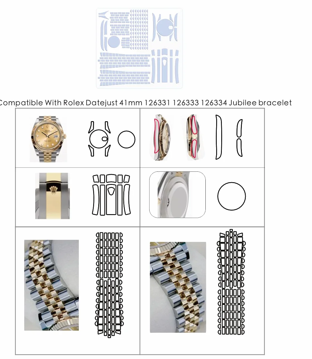 Folia ochronna do zegarka Rolex Datejust 41 mm Ref. 126331 126333 126334 bransoletka jubileuszowa. Przezroczysta skóra pełna osłona ekranu zegarka naklejka (2 x folia na cały korpus)